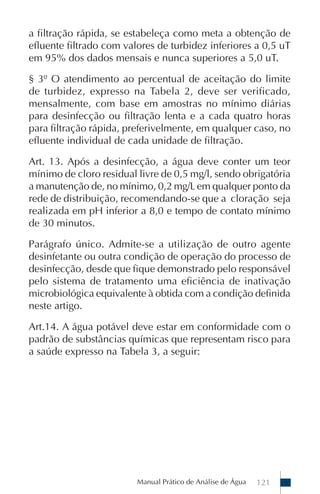 Manual Prático de Análise de Água 121
a filtração rápida, se estabeleça como meta a obtenção de
efluente filtrado com valores de turbidez inferiores a 0,5 uT
em 95% dos dados mensais e nunca superiores a 5,0 uT.
§ 3º O atendimento ao percentual de aceitação do limite
de turbidez, expresso na Tabela 2, deve ser verificado,
mensalmente, com base em amostras no mínimo diárias
para desinfecção ou filtração lenta e a cada quatro horas
para filtração rápida, preferivelmente, em qualquer caso, no
efluente individual de cada unidade de filtração.
Art. 13. Após a desinfecção, a água deve conter um teor
mínimo de cloro residual livre de 0,5 mg/l, sendo obrigatória
a manutenção de, no mínimo, 0,2 mg/L em qualquer ponto da
rede de distribuição, recomendando-se que a cloração seja
realizada em pH inferior a 8,0 e tempo de contato mínimo
de 30 minutos.
Parágrafo único. Admite-se a utilização de outro agente
desinfetante ou outra condição de operação do processo de
desinfecção, desde que fique demonstrado pelo responsável
pelo sistema de tratamento uma eficiência de inativação
microbiológica equivalente à obtida com a condição definida
neste artigo.
Art.14. A água potável deve estar em conformidade com o
padrão de substâncias químicas que representam risco para
a saúde expresso na Tabela 3, a seguir:
 