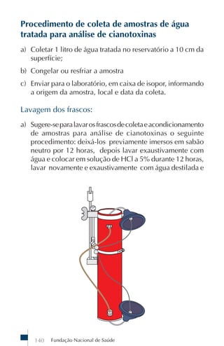 Fundação Nacional de Saúde140
Procedimento de coleta de amostras de água
tratada para análise de cianotoxinas
a) Coletar 1 litro de água tratada no reservatório a 10 cm da
superfície;
b) Congelar ou resfriar a amostra
c) Enviar para o laboratório, em caixa de isopor, informando
a origem da amostra, local e data da coleta.
Lavagem dos frascos:
a) Sugere-separalavarosfrascosdecoletaeacondicionamento
de amostras para análise de cianotoxinas o seguinte
procedimento: deixá-los previamente imersos em sabão
neutro por 12 horas, depois lavar exaustivamente com
água e colocar em solução de HCl a 5% durante 12 horas,
lavar novamente e exaustivamente com água destilada e
 