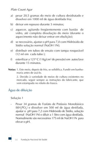 Fundação Nacional de Saúde14
Plate Count Agar
a) pesar 20,5 gramas do meio de cultura desidratado e
dissolver em 1000 ml de água destilada fria;
b) deixar em repouso durante 5 minutos;
c) aquecer, agitando freqüentemente com bastão de
vidro, até completa dissolução do meio (durante o
aquecimento não deixar entrar em ebulição);
d) se necessário, ajustar o pH para 7,0 com Hidróxido de
Sódio solução normal (NaOH 1N);
e) distribuir em tubos de ensaio com tampa rosqueável
(12 ml em cada tubo );
f) esterilizar a 121º C (1 Kg/cm2
de pressão) em autoclave
durante 15 minutos.
Notas: 1. Este meio, depois de frio, se solidifica. Fundir em banho-
maria antes de usá-lo.
2. Devido à variedade de meios de cultura existentes no
mercado, seguir sempre as instruções do fabricante, que
vem estampada no rótulo do frasco.
Água de diluição
Solução 1
- Pesar 34 gramas de Fosfato de Potássio Monobásico
(KH2
PO4
) e dissolver em 500 ml de água destilada,
ajustar o pH para 7,2 com Hidróxido de Sódio, solução
normal (NaOH 1N) e diluir a 1 litro com água destilada.
Normalmente são necessários 175 ml de NaOH 1N para
elevar o pH.
 
