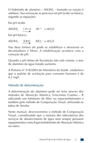 Manual Prático de Análise de Água 55
O hidróxido de alumínio – Al(OH)3
- formado na reação é
anfótero. Sua ionização se processa em pH ácido ou básico,
segundo as equações:
Em pH ácido:
Al(OH)3
[ H +] Al+++
+ nH2
O
Em pH básico:
Al(OH)3
[OH-
] AlO3
---
+ nH2
O
Nas duas formas ele pode se solubilizar e atravessar os
decantadores e filtros. A solubilização acontece com a
correção do pH.
Quando o pH ótimo de floculação não está correto, o teor
de alumínio da água tratada aumenta.
A Portaria nº 518/2004 do Ministério da Saúde estabelece
que o padrão de aceitação para consumo humano é de
0,2 mg/l.
Método de determinação
A determinação do alumínio pode ser feita através dos
métodos de Absorção Atômica, Eriocromo Cianina – R
utilizando um fotômetro de filtro ou espectrofotômetro e
também pelo método de Comparação Visual, utilizando-se
tubos de Nessler.
Neste manual, descreveremos o método de Comparação
Visual, considerando que a maioria dos laboratórios dos
serviços de abastecimento de água nem sempre possuem
equipamentos como Espectrofotômetro de Absorção Atômica
ou outro.
 