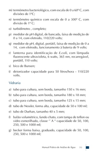 m) termômetro bacteriológico, com escala de 0 a 60º C, com
   divisões de 1ºC;
n) termômetro químico com escala de 0 a 300º C, com
   divisão de 1º C;
o) turbidímetro , completo;
p) medidor de pH digital, de bancada, faixa de medição de
   0 a 14, com eletrodo, 110/220 volts;
q) medidor de pH, digital, portátil, faixa de medição de 0 a
   14, com eletrodo, funcionamento à bateria de 9 volts;
r) lanterna para identificação de E.coli, com lâmpada
   fluorescente ultravioleta, 6 watts, 365 nm, recarregável,
   portátil, 110 volts;
s) bico de Bunsen;
t) deionizador capacidade para 50 litros/hora - 110/220
   volts.

Vidraria
a) tubo para cultura, sem borda, tamanho 150 x 16 mm;
b) tubo para cultura, sem borda, tamanho 180 x 18 mm;
c) tubo para cultura, sem borda, tamanho 125 x 15 mm;
d) tubo de Nessler, forma alta, capacidade de 50 e 100 ml;
e) tubo de Durhan, tamanho 40 x 5 mm;
f) balão volumétrico, fundo chato, com tampa de teflon ou
   vidro esmerilhado, classe ‘’ A “ capacidade de 50, 100,
   250, 500 e 1000 ml;
g) becker forma baixa, graduado, capacidade de 50, 100,
   250, 500 e 1000 ml;



                        Manual Prático de Análise de Água   99
 