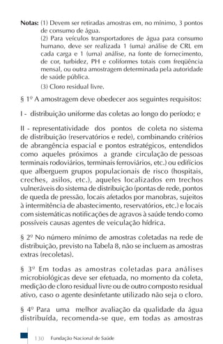 Notas: (1) Devem ser retiradas amostras em, no mínimo, 3 pontos
       de consumo de água.
       (2) Para veículos transportadores de água para consumo
       humano, deve ser realizada 1 (uma) análise de CRL em
       cada carga e 1 (uma) análise, na fonte de fornecimento,
       de cor, turbidez, PH e coliformes totais com freqüência
       mensal, ou outra amostragem determinada pela autoridade
       de saúde pública.
       (3) Cloro residual livre.
§ 1º A amostragem deve obedecer aos seguintes requisitos:

I - distribuição uniforme das coletas ao longo do período; e

II - representatividade dos pontos de coleta no sistema
de distribuição (reservatórios e rede), combinando critérios
de abrangência espacial e pontos estratégicos, entendidos
como aqueles próximos a grande circulação de pessoas
terminais rodoviários, terminais ferroviários, etc.) ou edifícios
que alberguem grupos populacionais de risco (hospitais,
creches, asilos, etc.), aqueles localizados em trechos
vulneráveis do sistema de distribuição (pontas de rede, pontos
de queda de pressão, locais afetados por manobras, sujeitos
à intermitência de abastecimento, reservatórios, etc.) e locais
com sistemáticas notificações de agravos à saúde tendo como
possíveis causas agentes de veiculação hídrica.

§ 2º No número mínimo de amostras coletadas na rede de
distribuição, previsto na Tabela 8, não se incluem as amostras
extras (recoletas).

§ 3º Em todas as amostras coletadas para análises
microbiológicas deve ser efetuada, no momento da coleta,
medição de cloro residual livre ou de outro composto residual
ativo, caso o agente desinfetante utilizado não seja o cloro.

§ 4º Para uma melhor avaliação da qualidade da água
distribuída, recomenda-se que, em todas as amostras

    130   Fundação Nacional de Saúde
 