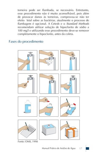 torneira pode ser flambada, se necessário. Entretanto,
     esse procedimento não é muito aconselhável, pois além
     de provocar danos às torneiras, comprovou-se não ter
     efeito letal sobre as bactérias. atualmente o processo de
     flambagem é opcional. A Cetesb e o Standard Methods
     recomendam utilizar solução de hipoclorito de sódio a
     100 mg/l e utilizando esse procedimento deve-se remover
     completamente o hipoclorito, antes da coleta.

Fases do procedimento




     Fonte: OMS, 1998

                        Manual Prático de Análise de Água   17
 