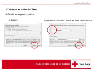 Analytics Creu Roja
2.2 Ordenar les dades de l’Excel.
4)Escollir les següents opcions:
a) Següent b) Desmarcar “Tabulació”...