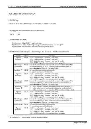 CEPEL - Centro de Pesquisas de Energia Elétrica                                  Programa de Análise de Redes V09.05.02



2.26.Código de Execução DCQV


2.26.1.Função

Leitura dos dados para a determinação das curvas Q x V de barras do sistema.



2.26.2.Opções de Controle de Execução Disponíveis

  IMPR       FILE


2.26.3.Conjunto de Dados

     Registro com o código DCQV e opções ativadas.
     Registros com os dados das barras para as quais serão determinadas as curvas Q x V
     Registro 99999 nas colunas 1-5 indicando fim do conjunto de dados.


2.26.4.Formato dos Dados para a Determinação das Curvas Q x V de Barras do Sistema

           Campo         Colunas                                Descrição                                  Default
           Tipo do        01-04 BARR - especifica que o elemento é uma barra.
          Elemento               AREA - especifica que o elemento é uma área.
                                 TENS - especifica que o elemento é uma base de tensão.
                                 AGR1..AGR6 - especifica que o elemento é um agregador.
         Identificação    06-10 Número da barra ou área, como definido nos campos Número ou Área
         do Elemento             do Código de Execução DBAR, ou base de tensão como definido no
                                 campo Tensão do Código de Execução DGBT.
         Condição 1       12-12 A - especifica uma condição de intervalo.
                                 E - especifica uma condição de união.
           Tipo do        14-17 BARR - especifica que o elemento é uma barra.
          Elemento               AREA - especifica que o elemento é uma área.
                                 TENS - especifica que o elemento é uma base de tensão.
                                 AGR1..AGR6 - especifica que o elemento é um agregador.
         Identificação    19-23 Número da barra ou área, como definido nos campos Número ou Área
         do Elemento             do Código de Execução DBAR, ou base de tensão como definido no
                                 campo Tensão do Código de Execução DGBT.
          Condição        25-25 X Indica diferença entre os conjuntos definidos pelas condições 1 e 2.
         Principal               E Indica união entre os conjuntos definidos pelas condições 1 e 2.
                                 S Indica interseção entre os conjuntos definidos pelas condições 1 e 2.
           Tipo do        27-30 BARR - especifica que o elemento é uma barra.
          Elemento               AREA - especifica que o elemento é uma área.
                                 TENS - especifica que o elemento é uma base de tensão.
                                 AGR1..AGR6 - especifica que o elemento é um agregador.
         Identificação    32-36 Número da barra ou área, como definido nos campos Número ou Área
         do Elemento             do Código de Execução DBAR, ou base de tensão como definido no
                                 campo Tensão do Código de Execução DGBT.
         Condição 2       38-38 A - especifica uma condição de intervalo.
                                 E - especifica uma condição de união.
           Tipo do        40-43 BARR - especifica que o elemento é uma barra.
          Elemento               AREA - especifica que o elemento é uma área.
                                 TENS - especifica que o elemento é uma base de tensão.
                                 AGR1..AGR6 - especifica que o elemento é um agregador.

 As condições 1 e 2 são resolvidas antes da condição principal.


                                                            2-45                                     Códigos de Execução
 