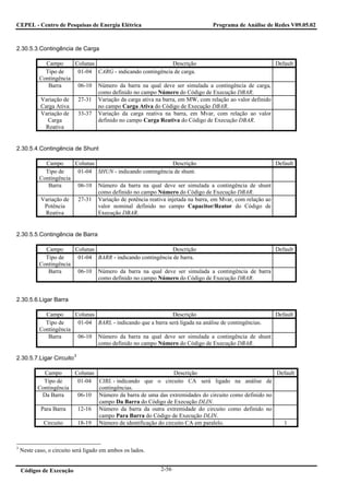 CEPEL - Centro de Pesquisas de Energia Elétrica                                Programa de Análise de Redes V09.05.02



2.30.5.3.Contingência de Carga

              Campo      Colunas                               Descrição                               Default
              Tipo de     01-04 CARG - indicando contingência de carga.
            Contingência
               Barra      06-10 Número da barra na qual deve ser simulada a contingência de carga,
                                 como definido no campo Número do Código de Execução DBAR.
            Variação de   27-31 Variação da carga ativa na barra, em MW, com relação ao valor definido
            Carga Ativa          no campo Carga Ativa do Código de Execução DBAR.
            Variação de   33-37 Variação da carga reativa na barra, em Mvar, com relação ao valor
               Carga             definido no campo Carga Reativa do Código de Execução DBAR.
              Reativa


2.30.5.4.Contingência de Shunt

              Campo      Colunas                               Descrição                                Default
              Tipo de     01-04 SHUN - indicando contingência de shunt.
            Contingência
               Barra      06-10 Número da barra na qual deve ser simulada a contingência de shunt
                                 como definido no campo Número do Código de Execução DBAR.
            Variação de   27-31 Variação de potência reativa injetada na barra, em Mvar, com relação ao
              Potência           valor nominal definido no campo Capacitor/Reator do Código de
              Reativa            Execução DBAR.


2.30.5.5.Contingência de Barra

              Campo      Colunas                              Descrição                           Default
              Tipo de     01-04 BARR - indicando contingência de barra.
            Contingência
               Barra      06-10 Número da barra na qual deve ser simulada a contingência de barra
                                 como definido no campo Número do Código de Execução DBAR.


2.30.5.6.Ligar Barra

              Campo      Colunas                               Descrição                              Default
              Tipo de     01-04 BARL - indicando que a barra será ligada na análise de contingências.
            Contingência
               Barra      06-10 Número da barra na qual deve ser simulada a contingência de shunt
                                 como definido no campo Número do Código de Execução DBAR.

                           3
2.30.5.7.Ligar Circuito

             Campo         Colunas                               Descrição                             Default
             Tipo de        01-04 CIRL - indicando que o circuito CA será ligado na análise de
           Contingência            contingências.
            Da Barra        06-10 Número da barra de uma das extremidades do circuito como definido no
                                   campo Da Barra do Código de Execução DLIN.
            Para Barra      12-16 Número da barra da outra extremidade do circuito como definido no
                                   campo Para Barra do Código de Execução DLIN.
              Circuito      18-19 Número de identificação do circuito CA em paralelo.                    1



3
    Neste caso, o circuito será ligado em ambos os lados.


    Códigos de Execução                                     2-56
 