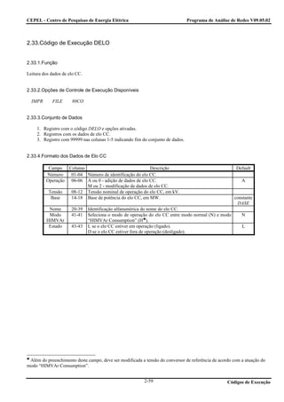CEPEL - Centro de Pesquisas de Energia Elétrica                                  Programa de Análise de Redes V09.05.02



2.33.Código de Execução DELO


2.33.1.Função

Leitura dos dados de elo CC.


2.33.2.Opções de Controle de Execução Disponíveis

  IMPR      FILE      80CO


2.33.3.Conjunto de Dados

     1. Registro com o código DELO e opções ativadas.
     2. Registros com os dados de elo CC.
     3. Registro com 99999 nas colunas 1-5 indicando fim do conjunto de dados.


2.33.4.Formato dos Dados de Elo CC

          Campo Colunas                                 Descrição                                      Default
         Número   01-04 Número de identificação do elo CC.
         Operação 06-06 A ou 0 - adição de dados de elo CC.                                               A
                        M ou 2 - modificação de dados de elo CC.
          Tensão  08-12 Tensão nominal de operação do elo CC, em kV.
           Base   14-18 Base de potência do elo CC, em MW.                                            constante
                                                                                                       DASE
          Nome        20-39    Identificação alfanumérica do nome do elo CC.
          Modo        41-41    Seleciona o modo de operação do elo CC entre modo normal (N) e modo        N
         HIMVAr                “HIMVAr Consumption” (H ).
          Estado      43-43    L se o elo CC estiver em operação (ligado).                                L
                               D se o elo CC estiver fora de operação (desligado).




 Além do preenchimento deste campo, deve ser modificada a tensão do conversor de referência de acordo com a atuação do
modo “HIMVAr Consumption”.


                                                          2-59                                     Códigos de Execução
 