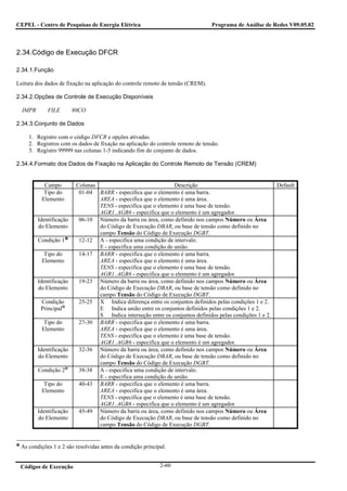 CEPEL - Centro de Pesquisas de Energia Elétrica                                  Programa de Análise de Redes V09.05.02



2.34.Código de Execução DFCR

2.34.1.Função

Leitura dos dados de fixação na aplicação do controle remoto de tensão (CREM).

2.34.2.Opções de Controle de Execução Disponíveis

  IMPR       FILE        80CO

2.34.3.Conjunto de Dados

     1. Registro com o código DFCR e opções ativadas.
     2. Registros com os dados de fixação na aplicação do controle remoto de tensão.
     3. Registro 99999 nas colunas 1-5 indicando fim do conjunto de dados.

2.34.4.Formato dos Dados de Fixação na Aplicação do Controle Remoto de Tensão (CREM)


           Campo          Colunas                                Descrição                                  Default
           Tipo do         01-04 BARR - especifica que o elemento é uma barra.
          Elemento                AREA - especifica que o elemento é uma área.
                                  TENS - especifica que o elemento é uma base de tensão.
                                  AGR1..AGR6 - especifica que o elemento é um agregador.
         Identificação     06-10 Número da barra ou área, como definido nos campos Número ou Área
         do Elemento              do Código de Execução DBAR, ou base de tensão como definido no
                                  campo Tensão do Código de Execução DGBT.
         Condição 1        12-12 A - especifica uma condição de intervalo.
                                  E - especifica uma condição de união.
           Tipo do         14-17 BARR - especifica que o elemento é uma barra.
          Elemento                AREA - especifica que o elemento é uma área.
                                  TENS - especifica que o elemento é uma base de tensão.
                                  AGR1..AGR6 - especifica que o elemento é um agregador.
         Identificação     19-23 Número da barra ou área, como definido nos campos Número ou Área
         do Elemento              do Código de Execução DBAR, ou base de tensão como definido no
                                  campo Tensão do Código de Execução DGBT.
          Condição         25-25 X Indica diferença entre os conjuntos definidos pelas condições 1 e 2.
          Principal               E Indica união entre os conjuntos definidos pelas condições 1 e 2.
                                  S Indica interseção entre os conjuntos definidos pelas condições 1 e 2.
           Tipo do         27-30 BARR - especifica que o elemento é uma barra.
          Elemento                AREA - especifica que o elemento é uma área.
                                  TENS - especifica que o elemento é uma base de tensão.
                                  AGR1..AGR6 - especifica que o elemento é um agregador.
         Identificação     32-36 Número da barra ou área, como definido nos campos Número ou Área
         do Elemento              do Código de Execução DBAR, ou base de tensão como definido no
                                  campo Tensão do Código de Execução DGBT.
         Condição 2        38-38 A - especifica uma condição de intervalo.
                                  E - especifica uma condição de união.
           Tipo do         40-43 BARR - especifica que o elemento é uma barra.
          Elemento                AREA - especifica que o elemento é uma área.
                                  TENS - especifica que o elemento é uma base de tensão.
                                  AGR1..AGR6 - especifica que o elemento é um agregador.
         Identificação     45-49 Número da barra ou área, como definido nos campos Número ou Área
         do Elemento              do Código de Execução DBAR, ou base de tensão como definido no
                                  campo Tensão do Código de Execução DGBT.


 As condições 1 e 2 são resolvidas antes da condição principal.


 Códigos de Execução                                        2-60
 