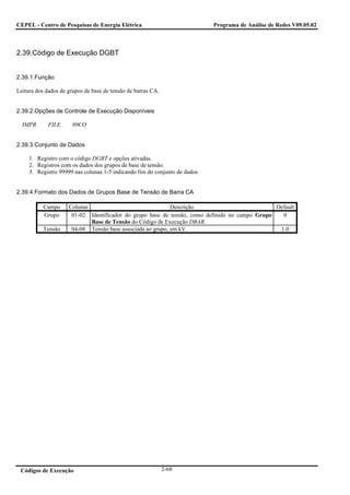 CEPEL - Centro de Pesquisas de Energia Elétrica                              Programa de Análise de Redes V09.05.02



2.39.Código de Execução DGBT


2.39.1.Função

Leitura dos dados de grupos de base de tensão de barras CA.


2.39.2.Opções de Controle de Execução Disponíveis

  IMPR       FILE      80CO


2.39.3.Conjunto de Dados

     1. Registro com o código DGBT e opções ativadas.
     2. Registros com os dados dos grupos de base de tensão.
     3. Registro 99999 nas colunas 1-5 indicando fim do conjunto de dados.


2.39.4.Formato dos Dados de Grupos Base de Tensão de Barra CA

           Campo     Colunas                                Descrição                           Default
           Grupo      01-02 Identificador do grupo base de tensão, como definido no campo Grupo   0
                             Base de Tensão do Código de Execução DBAR.
           Tensão     04-08 Tensão base associada ao grupo, em kV.                               1.0




 Códigos de Execução                                          2-68
 