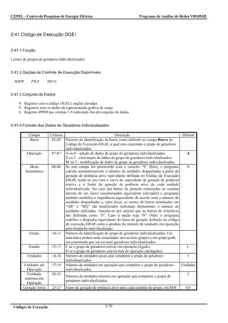CEPEL - Centro de Pesquisas de Energia Elétrica                                 Programa de Análise de Redes V09.05.02



2.41.Código de Execução DGEI


2.41.1.Função

Leitura de grupos de geradores individualizados.


2.41.2.Opções de Controle de Execução Disponíveis

  IMPR       FILE       80CO


2.41.3.Conjunto de Dados

     4. Registro com o código DGEI e opções ativadas.
     5. Registros com os dados de representação gráfica de carga.
     6. Registro 99999 nas colunas 1-5 indicando fim do conjunto de dados.


2.41.4.Formato dos Dados de Geradores Individualizados

           Campo         Colunas                                Descrição                                Default
            Barra         01-05 Número de identificação da barra, como definido no campo Barra do
                                 Código de Execução DBAR, a qual esta conectado o grupo de geradores
                                 individualizados.
          Operação        07-07 A ou 0 - adição de dados de grupo de geradores individualizados.           A
                                 E ou 1 - eliminação de dados de grupo de geradores individualizados.
                                 M ou 2 - modificação de dados de grupo de geradores individualizados.
           Modo           08-08 Se este campo for preenchido com o caracter “S” (Sim), o programa          N
         Automático              calcula automaticamente o número de unidades despachadas a partir da
                                 geração de potência ativa equivalente definida no Código de Execução
                                 DBAR, tendo-se em vista a curva de capacidade de geração de potência
                                 reativa e o limite de geração de potência ativa de cada unidade
                                 individualizada. No caso das barras de geração conectadas ao sistema
                                 através de um único transformador equivalente (elevador) o programa
                                 também modifica a impedância equivalente de acordo com o número de
                                 unidades despachadas e, além disso, os nomes de barras terminados em
                                 “GR” e “MQ” são modificados indicando diretamente o número de
                                 unidades utilizadas. Assume-se por default que as barras de referência
                                 são definidas como “S”. Caso a opção seja “N” (Não) o programa
                                 redefine o despacho equivalente da barra de geração definido no código
                                 de execução DBAR como o produto do número de unidades em operação
                                 pelo despacho individualizado.
            Grupo         10-11 Número de identificação do grupo de geradores individualizados. Em
                                 uma barra podem estar conectados um ou mais grupos e um grupo pode
                                 ser constituído por um ou mais geradores individualizados.
           Estado         13-13 L se o grupo de geradores estiver em operação (ligado).                    L
                                 D se o grupo de geradores estiver fora de operação (desligado).
          Unidades        14-16 Número de unidades iguais que compõem o grupo de geradores                 1
                                 individualizados.
        Unidades em       17-19 Número de unidades em operação que compõem o grupo de geradores         Unidades
          Operação               individualizados.
          Unidades        20-22                                                                            1
                                 Número de unidades mínimo em operação que compõem o grupo de
         mínimas em
                                 geradores individualizados.
          Operação
        Geração Ativa     23-27    Valor de geração de potência ativa para cada unidade do grupo, em MW.   0.0




 Códigos de Execução                                       2-70
 