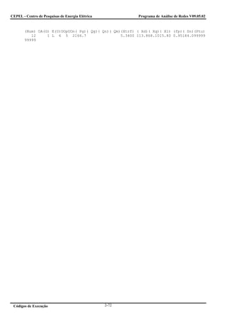 CEPEL - Centro de Pesquisas de Energia Elétrica          Programa de Análise de Redes V09.05.02


       (Num) OA(G) E(U)UOpUOn( Pg)( Qg)( Qn)( Qm)(Xtrf) ( Xd)( Xq)( Xl) (fp)( Sn)(Ptu)
          12     1 L 6 5 2166.7                  5.3400 113.868.1015.80 0.95184.099999
       99999




 Códigos de Execução                              2-72
 