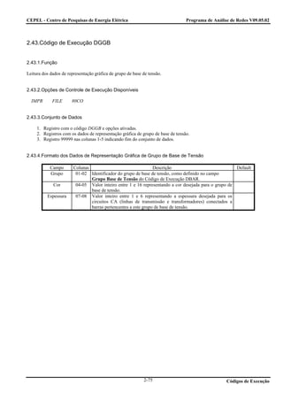 CEPEL - Centro de Pesquisas de Energia Elétrica                                  Programa de Análise de Redes V09.05.02



2.43.Código de Execução DGGB


2.43.1.Função

Leitura dos dados de representação gráfica de grupo de base de tensão.


2.43.2.Opções de Controle de Execução Disponíveis

  IMPR       FILE      80CO


2.43.3.Conjunto de Dados

     1. Registro com o código DGGB e opções ativadas.
     2. Registros com os dados de representação gráfica de grupo de base de tensão.
     3. Registro 99999 nas colunas 1-5 indicando fim do conjunto de dados.


2.43.4.Formato dos Dados de Representação Gráfica de Grupo de Base de Tensão

            Campo       Colunas                                 Descrição                              Default
            Grupo        01-02 Identificador do grupo de base de tensão, como definido no campo
                                Grupo Base de Tensão do Código de Execução DBAR.
             Cor         04-05 Valor inteiro entre 1 e 16 representando a cor desejada para o grupo de
                                base de tensão.
          Espessura      07-08 Valor inteiro entre 1 e 6 representando a espessura desejada para os
                                circuitos CA (linhas de transmissão e transformadores) conectados a
                                barras pertencentes a este grupo de base de tensão.




                                                            2-75                                   Códigos de Execução
 