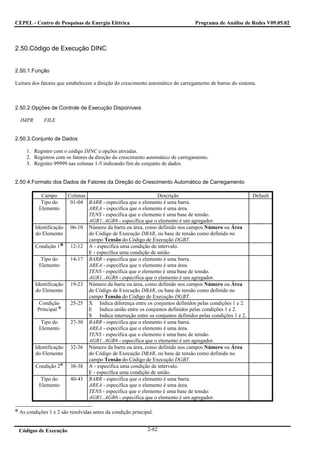 CEPEL - Centro de Pesquisas de Energia Elétrica                                  Programa de Análise de Redes V09.05.02



2.50.Código de Execução DINC


2.50.1.Função

Leitura dos fatores que estabelecem a direção do crescimento automático do carregamento de barras do sistema.



2.50.2.Opções de Controle de Execução Disponíveis

  IMPR       FILE


2.50.3.Conjunto de Dados

     1. Registro com o código DINC e opções ativadas.
     2. Registros com os fatores da direção do crescimento automático de carregamento.
     3. Registro 99999 nas colunas 1-5 indicando fim do conjunto de dados.


2.50.4.Formato dos Dados de Fatores da Direção do Crescimento Automático de Carregamento

           Campo         Colunas                                Descrição                                  Default
           Tipo do        01-04 BARR - especifica que o elemento é uma barra.
          Elemento               AREA - especifica que o elemento é uma área.
                                 TENS - especifica que o elemento é uma base de tensão.
                                 AGR1..AGR6 - especifica que o elemento é um agregador.
         Identificação    06-10 Número da barra ou área, como definido nos campos Número ou Área
         do Elemento             do Código de Execução DBAR, ou base de tensão como definido no
                                 campo Tensão do Código de Execução DGBT.
         Condição 1       12-12 A - especifica uma condição de intervalo.
                                 E - especifica uma condição de união.
           Tipo do        14-17 BARR - especifica que o elemento é uma barra.
          Elemento               AREA - especifica que o elemento é uma área.
                                 TENS - especifica que o elemento é uma base de tensão.
                                 AGR1..AGR6 - especifica que o elemento é um agregador.
         Identificação    19-23 Número da barra ou área, como definido nos campos Número ou Área
         do Elemento             do Código de Execução DBAR, ou base de tensão como definido no
                                 campo Tensão do Código de Execução DGBT.
           Condição       25-25 X Indica diferença entre os conjuntos definidos pelas condições 1 e 2.
          Principal              E Indica união entre os conjuntos definidos pelas condições 1 e 2.
                                 S Indica interseção entre os conjuntos definidos pelas condições 1 e 2.
           Tipo do        27-30 BARR - especifica que o elemento é uma barra.
          Elemento               AREA - especifica que o elemento é uma área.
                                 TENS - especifica que o elemento é uma base de tensão.
                                 AGR1..AGR6 - especifica que o elemento é um agregador.
         Identificação    32-36 Número da barra ou área, como definido nos campos Número ou Área
         do Elemento             do Código de Execução DBAR, ou base de tensão como definido no
                                 campo Tensão do Código de Execução DGBT.
         Condição 2       38-38 A - especifica uma condição de intervalo.
                                 E - especifica uma condição de união.
           Tipo do        40-43 BARR - especifica que o elemento é uma barra.
          Elemento               AREA - especifica que o elemento é uma área.
                                 TENS - especifica que o elemento é uma base de tensão.
                                 AGR1..AGR6 - especifica que o elemento é um agregador.

 As condições 1 e 2 são resolvidas antes da condição principal.


 Códigos de Execução                                        2-82
 