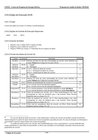 CEPEL - Centro de Pesquisas de Energia Elétrica                                   Programa de Análise de Redes V09.05.02



2.53.Código de Execução DLIN


2.53.1.Função

Leitura dos dados de circuito CA (linhas e transformadores).


2.53.2.Opções de Controle de Execução Disponíveis

  IMPR       FILE      80CO


2.53.3.Conjunto de Dados

     1. Registro com o código DLIN e opções ativadas.
     2. Registros com os dados de circuito CA.
     3. Registro 99999 nas colunas 1-5 indicando fim do conjunto de dados.


2.53.4.Formato dos Dados de Circuito CA

            Campo     Colunas                                   Descrição                             Default
           Da Barra    01-05 Número da barra de uma das extremidades do circuito como definido no
                              campo Número do Código de Execução DBAR.
           Abertura    06-06 L – Ligado.                                                                L
           Da Barra           D – Desligado
           Operação    08-08 A ou 0 - adição de dados de circuito.                                      A
                              E ou 1 - eliminação de dados de circuito.
                              M ou 2 - modificação de dados de circuito.
           Abertura    10-10 L – Ligado.                                                                L
          Para Barra          D – Desligado
          Para Barra   11-15 Número da barra da outra extremidade do circuito como definido no
                              campo Número do Código de Execução DBAR.
           Circuito    16-17 Número de identificação do circuito CA em paralelo.
            Estado     18-18 L se o circuito estiver em operação (ligado).                              L
                              D se o circuito estiver fora de operação (desligado).
         Proprietário  19-19 F se o circuito pertencer a área da barra definida no campo Da Barra.      F
                              T se o circuito pertencer a área da barra definida no campo Para Barra.
          Resistência  21-26 Valor da resistência do circuito, em %. Para transformadores este valor   0.0
                              corresponde ao valor da resistência para o tap nominal. Ponto decimal
                              implícito entre as colunas 24 e 25.
          Reatância    27-32 Valor da reatância do circuito, em %. Para transformadores este valor
                              corresponde ao valor da reatância para o tap nominal. Ponto decimal
                              implícito entre as colunas 30 e 31.
         Susceptância 33-38 Valor total da susceptância shunt do circuito, em Mvar. Ponto decimal 0.0
                              implícito entre as colunas 35 e 36.




         No caso de adição de dado de circuito o valor default para o número do circuito em paralelo consiste do primeiro
número disponível a partir do maior número do circuito em paralelo cujo dado já existe. No caso de alteração ou eliminação o
valor default é igual ao menor número do circuito em paralelo.
         As perdas de potência ativa nos circuitos são contabilizadas para a área a qual pertence o circuito (definido pelo
campo proprietário) e, para efeito de intercâmbio, os fluxos são calculados na extremidade conectada à barra da área não
proprietária do circuito.


 Códigos de Execução                                           2-86
 