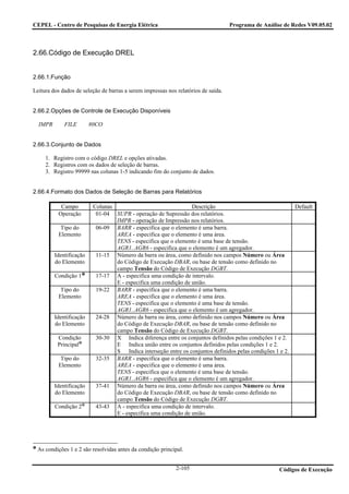 CEPEL - Centro de Pesquisas de Energia Elétrica                                     Programa de Análise de Redes V09.05.02



2.66.Código de Execução DREL


2.66.1.Função

Leitura dos dados de seleção de barras a serem impressas nos relatórios de saída.


2.66.2.Opções de Controle de Execução Disponíveis

  IMPR       FILE        80CO


2.66.3.Conjunto de Dados

     1. Registro com o código DREL e opções ativadas.
     2. Registros com os dados de seleção de barras.
     3. Registro 99999 nas colunas 1-5 indicando fim do conjunto de dados.


2.66.4.Formato dos Dados de Seleção de Barras para Relatórios

           Campo          Colunas                                Descrição                                  Default
          Operação         01-04 SUPR - operação de Supressão dos relatórios.
                                  IMPR - operação de Impressão nos relatórios.
           Tipo do         06-09 BARR - especifica que o elemento é uma barra.
          Elemento                AREA - especifica que o elemento é uma área.
                                  TENS - especifica que o elemento é uma base de tensão.
                                  AGR1..AGR6 - especifica que o elemento é um agregador.
         Identificação     11-15 Número da barra ou área, como definido nos campos Número ou Área
         do Elemento              do Código de Execução DBAR, ou base de tensão como definido no
                                  campo Tensão do Código de Execução DGBT.
         Condição 1        17-17 A - especifica uma condição de intervalo.
                                  E - especifica uma condição de união.
           Tipo do         19-22 BARR - especifica que o elemento é uma barra.
          Elemento                AREA - especifica que o elemento é uma área.
                                  TENS - especifica que o elemento é uma base de tensão.
                                  AGR1..AGR6 - especifica que o elemento é um agregador.
         Identificação     24-28 Número da barra ou área, como definido nos campos Número ou Área
         do Elemento              do Código de Execução DBAR, ou base de tensão como definido no
                                  campo Tensão do Código de Execução DGBT.
          Condição         30-30 X Indica diferença entre os conjuntos definidos pelas condições 1 e 2.
          Principal               E Indica união entre os conjuntos definidos pelas condições 1 e 2.
                                  S Indica interseção entre os conjuntos definidos pelas condições 1 e 2.
           Tipo do         32-35 BARR - especifica que o elemento é uma barra.
          Elemento                AREA - especifica que o elemento é uma área.
                                  TENS - especifica que o elemento é uma base de tensão.
                                  AGR1..AGR6 - especifica que o elemento é um agregador.
         Identificação     37-41 Número da barra ou área, como definido nos campos Número ou Área
         do Elemento              do Código de Execução DBAR, ou base de tensão como definido no
                                  campo Tensão do Código de Execução DGBT.
         Condição 2        43-43 A - especifica uma condição de intervalo.
                                  E - especifica uma condição de união.




 As condições 1 e 2 são resolvidas antes da condição principal.


                                                             2-105                                    Códigos de Execução
 