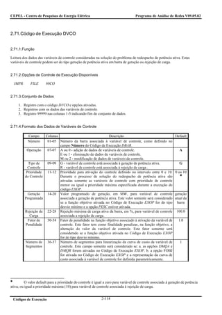 CEPEL - Centro de Pesquisas de Energia Elétrica                                      Programa de Análise de Redes V09.05.02



2.71.Código de Execução DVCO


2.71.1.Função

Leitura dos dados das variáveis de controle consideradas na solução do problema de redespacho de potência ativa. Estas
variáveis de controle podem ser do tipo geração de potência ativa em barra de geração ou rejeição de carga.


2.71.2.Opções de Controle de Execução Disponíveis

  IMPR       FILE       80CO


2.71.3.Conjunto de Dados

     1. Registro com o código DVCO e opções ativadas.
     2. Registros com os dados das variáveis de controle.
     3. Registro 99999 nas colunas 1-5 indicando fim do conjunto de dados.


2.71.4.Formato dos Dados de Variáveis de Controle

           Campo        Colunas                                   Descrição                                     Default
           Número        01-05 Número da barra associada à variável de controle, como definido no
                                campo Número do Código de Execução DBAR.
           Operação      07-07 A ou 0 - adição de dados de variáveis de controle.                                  A
                                E ou 1 - eliminação de dados de variáveis de controle.
                                M ou 2 - modificação de dados de variáveis de controle.
           Tipo de       09-09 G - variável de controle está associada à geração de potência ativa.                G
           Controle             R - variável de controle está associada à rejeição de carga .
          Prioridade     11-12 Prioridade para ativação do controle definido no intervalo entre 0 e 10.         0 ou 10
         do Controle            Durante o processo de solução do redespacho de potência ativa são
                                ativadas somente as variáveis de controle com prioridade de controle
                                menor ou igual a prioridade máxima especificada durante a execução do
                                código EXOP.
           Geração       14-20 Valor programado de geração, em MW, para variável de controle                    geração
         Programada             associada a geração de potência ativa. Este valor somente será considerado      atual da
                                se a função objetivo ativada no Código de Execução EXOP for do tipo              barra
                                desvio mínimo e a opção PESC estiver ativada.
          Rejeição de    22-28 Rejeição máxima de carga ativa da barra, em %, para variável de controle          100.0
            Carga               associada a rejeição de carga.
           Fator de      30-34 Fator de penalidade na função objetivo associado à ativação da variável de         1.0
          Penalidade            controle. Este fator tem como finalidade penalizar, na função objetivo, a
                                alteração do valor da variável de controle. Este fator somente será
                                considerado se a função objetivo ativada no Código de Execução EXOP
                                for do tipo desvio mínimo.
          Número de      36-37 Número de segmentos para linearização da curva de custo da variável de              1
          Segmentos             controle. Este campo somente será considerado se: a. as opções DMQA e
                                DMQR forem ativadas no Código de Execução EXOP. b. a opção FOBJ
                                for ativada no Código de Execução EXOP e a representação da curva de
                                custo associada à variável de controle for definida parametricamente.




          O valor default para a prioridade do controle é igual a zero para variável de controle associada à geração de potência
ativa; ou igual a prioridade máxima (10) para variável de controle associada à rejeição de carga.


 Códigos de Execução                                          2-114
 