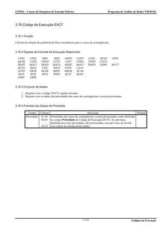 CEPEL - Centro de Pesquisas de Energia Elétrica                                  Programa de Análise de Redes V09.05.02



2.76.Código de Execução EXCT


2.76.1.Função

Cálculo da solução do problema de fluxo de potência para os casos de contingências.


2.76.2.Opções de Controle de Execução Disponíveis

  CPB1      CPB2      TRB1      TRB2       NEWT      PART       LFDC      BPAR        BPSI
  QLIM      VLIM      CREM      CTAP       CINT      PERD       DPER      CELO
  MOST      MOCT      MOSG      MOCG       MOSF      MOCF       RMON      EMRG        MFCT
  RCVG      RILH      FILE      80CO       CONV      GSAV
  RTOT      RBAR      RGER      RREF       RREM      RCAR
  RLIN      RTIE      RINT      RTRA       RLTC      RLDC
  ERRC      ERRS


2.76.3.Conjunto de Dados

     1. Registro com o código EXCT e opções ativadas.
     2. Registro com os dados das prioridades dos casos de contingências a serem processados.


2.76.4.Formato dos Dados de Prioridade

          Campo Colunas                                      Descrição                               Default
         Prioridade 01-02 Prioridades dos casos de contingências a serem processados, como definidas
                    04-05 no campo Prioridade do Código de Execução DCTG. As sub-listas,
                      ... definidas por estas prioridades, são processadas, caso por caso, de acordo
                    28-29 com ordem de entrada destes dados.




                                                           2-121                                   Códigos de Execução
 