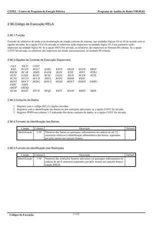 CEPEL - Centro de Pesquisas de Energia Elétrica                                   Programa de Análise de Redes V09.05.02



2.96.Código de Execução RELA


2.96.1.Função

Emissão de relatórios de saída e/ou monitoração do estado corrente do sistema, nas unidades lógicas #4 ou #6 de acordo com as
opções ativadas. Se a opção FILE for ativada os relatórios serão impressos na unidade lógica #4. Caso contrário serão
impressos na unidade lógica #6. Se a opção 80CO for ativada, os relatórios são impressos no formato 80 colunas. Se a opção
CONV for ativada, os relatórios são impressos em modo conversacional, no formato 80 colunas.


2.96.2.Opções de Controle de Execução Disponíveis

  FILE      80CO       CONV
   RSIS     RCON       RGLT      RARE      RTOT       RBAR      RGER       RREF
  RREM      RCAR       RMIS      DADB      RLIN       RTIE       RINT      RTRA
  RLTC      DADL       RLDC      RCSC      DADC       RILH      RCER       RTPL
  RCTG      RVCO       RCUR      RRES      ROPC       RSHB      RSHL
  MOST      MOCT       MOSG      MOCG      MOSF       MOCF      RMON       EMRG
  ERRC      ERRS
  ORDP      ORDQ
  RTAB      RMAC       RFCR      RFQL       RTPF      RAGR       RBSH      RBSL


2.96.3.Conjunto de Dados

     1. Registro com o código RELA e opções ativadas.
     2. Registros com a identificação das barras ou das restrições adicionais, se a opção CONV for ativada.
     3. Registro 99999 nas colunas 1-5 indicando fim deste conjunto de dados, se a opção CONV for ativada.


2.96.4.Formato da Identificação das Barras

             Campo      Colunas                                   Descrição                                 Default
          Identificação  1-50 Números das barras ou quaisquer subconjuntos de cadeias de até 12
                                caracteres relativos à identificação alfanumérica das barras, separados
                                por pelo menos um caracter branco.


2.96.5.Formato da Identificação das Restrições

             Campo      Colunas                                  Descrição                                  Default
          Identificação  1-50 Números das restrições lineares adicionais ou quaisquer subconjuntos de
                                cadeias de até 8 caracteres separados por pelo menos um caracter branco
                                (opção RRES).




 Códigos de Execução                                        2-152
 