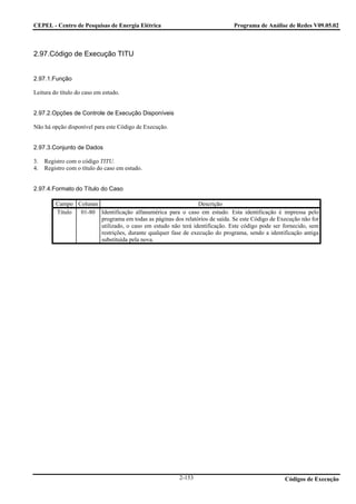 CEPEL - Centro de Pesquisas de Energia Elétrica                               Programa de Análise de Redes V09.05.02



2.97.Código de Execução TITU


2.97.1.Função

Leitura do título do caso em estudo.


2.97.2.Opções de Controle de Execução Disponíveis

Não há opção disponível para este Código de Execução.


2.97.3.Conjunto de Dados

3.   Registro com o código TITU.
4.   Registro com o título do caso em estudo.


2.97.4.Formato do Título do Caso

         Campo Colunas                                         Descrição
         Título 01-80 Identificação alfanumérica para o caso em estudo. Esta identificação é impressa pelo
                       programa em todas as páginas dos relatórios de saída. Se este Código de Execução não for
                       utilizado, o caso em estudo não terá identificação. Este código pode ser fornecido, sem
                       restrições, durante qualquer fase de execução do programa, sendo a identificação antiga
                       substituída pela nova.




                                                        2-153                                    Códigos de Execução
 