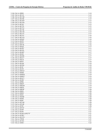 CEPEL - Centro de Pesquisas de Energia Elétrica                                                                         Programa de Análise de Redes V09.05.02



  3.104. OPÇÃO RBSL................................................................................................................................................................3-14
  3.105. OPÇÃO RCAI ................................................................................................................................................................3-14
  3.106. OPÇÃO RCAR...............................................................................................................................................................3-14
  3.107. OPÇÃO RCER ...............................................................................................................................................................3-15
  3.108. OPÇÃO RCMT ..............................................................................................................................................................3-15
  3.109. OPÇÃO RCON...............................................................................................................................................................3-15
  3.110. OPÇÃO RCSC................................................................................................................................................................3-15
  3.111. OPÇÃO RCTE................................................................................................................................................................3-15
  3.112. OPÇÃO RCTG ...............................................................................................................................................................3-15
  3.113. OPÇÃO RCTR ...............................................................................................................................................................3-15
  3.114. OPÇÃO RCUR...............................................................................................................................................................3-15
  3.115. OPÇÃO RCUS ...............................................................................................................................................................3-15
  3.116. OPÇÃO RCVC...............................................................................................................................................................3-16
  3.117. OPÇÃO RCVG...............................................................................................................................................................3-16
  3.118. OPÇÃO REQV...............................................................................................................................................................3-16
  3.119. OPÇÃO REST ................................................................................................................................................................3-16
  3.120. OPÇÃO RETC................................................................................................................................................................3-16
  3.121. OPÇÃO RFCR................................................................................................................................................................3-16
  3.122. OPÇÃO RFQL................................................................................................................................................................3-17
  3.123. OPÇÃO RFXC ...............................................................................................................................................................3-17
  3.124. OPÇÃO RFXS................................................................................................................................................................3-17
  3.125. OPÇÃO RGBT ...............................................................................................................................................................3-17
  3.126. OPÇÃO RGEI ................................................................................................................................................................3-17
  3.127. OPÇÃO RGER ...............................................................................................................................................................3-17
  3.128. OPÇÃO RGLT ...............................................................................................................................................................3-17
  3.129. OPÇÃO RILH ................................................................................................................................................................3-17
  3.130. OPÇÃO RINT ................................................................................................................................................................3-18
  3.131. OPÇÃO RLDC ...............................................................................................................................................................3-18
  3.132. OPÇÃO RLEQ ...............................................................................................................................................................3-18
  3.133. OPÇÃO RLIL.................................................................................................................................................................3-18
  3.134. OPÇÃO RLIN ................................................................................................................................................................3-18
  3.135. OPÇÃO RMAC ..............................................................................................................................................................3-18
  3.136. OPÇÃO RMIS ................................................................................................................................................................3-18
  3.137. OPÇÃO RMON..............................................................................................................................................................3-19
  3.138. OPÇÃO RMOT ..............................................................................................................................................................3-19
  3.139. OPÇÃO ROUT...............................................................................................................................................................3-19
  3.140. OPÇÃO ROPC ...............................................................................................................................................................3-19
  3.141. OPÇÃO RPRL................................................................................................................................................................3-19
  3.142. OPÇÃO RREF................................................................................................................................................................3-19
  3.143. OPÇÃO RREM ..............................................................................................................................................................3-19
  3.144. OPÇÃO RRES................................................................................................................................................................3-19
  3.145. OPÇÃO RROP ...............................................................................................................................................................3-20
  3.146. OPÇÃO RRSI.................................................................................................................................................................3-20
  3.147. OPÇÃO RRSU ...............................................................................................................................................................3-20
  3.148. OPÇÃO RSEL ................................................................................................................................................................3-20
  3.149. OPÇÃO RSHB ...............................................................................................................................................................3-20
  3.150. OPÇÃO RSHL................................................................................................................................................................3-20
  3.151. OPÇÃO RSIS .................................................................................................................................................................3-20
  3.152. OPÇÃO RTAB ...............................................................................................................................................................3-20
  3.153. OPÇÃO RTGR ...............................................................................................................................................................3-20
  3.154. OPÇÃO RTIE.................................................................................................................................................................3-20
  3.155. OPÇÃO RTOT ...............................................................................................................................................................3-21
  3.156. OPÇÃO RTPF ................................................................................................................................................................3-21
  3.157. OPÇÃO RTPL ................................................................................................................................................................3-21
  3.158. OPÇÃO RTRA & RLTC ................................................................................................................................................3-21
  3.159. OPÇÃO RTRU ...............................................................................................................................................................3-21
  3.160. OPÇÃO RVCO...............................................................................................................................................................3-21
  3.161. OPÇÃO TPER ................................................................................................................................................................3-21
  3.162. OPÇÃO RVIO ................................................................................................................................................................3-21
  3.163. OPÇÃO SIMU................................................................................................................................................................3-22


                                                                                                                                                                          Conteúdo
 