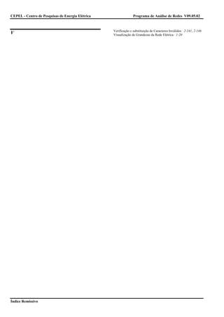 CEPEL - Centro de Pesquisas de Energia Elétrica                 Programa de Análise de Redes V09.05.02


                                                  Verificação e substituição de Caracteres Inválidos · 2-141, 2-146
V                                                 Visualização de Grandezas da Rede Elétrica · 1-20




Índice Remissivo
 