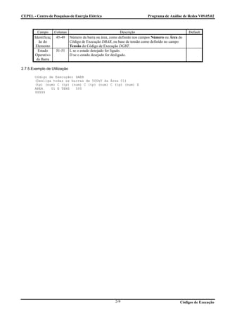 CEPEL - Centro de Pesquisas de Energia Elétrica                         Programa de Análise de Redes V09.05.02



         Campo     Colunas                                  Descrição                          Default
       Identificaç 45-49 Número da barra ou área, como definido nos campos Número ou Área do
          ão do            Código de Execução DBAR, ou base de tensão como definido no campo
        Elemento           Tensão do Código de Execução DGBT.
         Estado     51-51 L se o estado desejado for ligado.
       Operativo           D se o estado desejado for desligado.
        da Barra

2.7.5.Exemplo de Utilização

       Código de Execução: DAEB
       (Desliga todas as barras de 500kV da Área 01)
       (tp) (num) C (tp) (num) C (tp) (num) C (tp) (num) E
       AREA    01 E TENS   500
       99999




                                                     2-9                                  Códigos de Execução
 