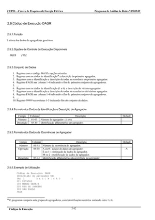 CEPEL - Centro de Pesquisas de Energia Elétrica                                   Programa de Análise de Redes V09.05.02



2.9.Código de Execução DAGR


2.9.1.Função

Leitura dos dados de agregadores genéricos.


2.9.2.Opções de Controle de Execução Disponíveis

  IMPR       FILE



2.9.3.Conjunto de Dados

     1. Registro com o código DAGR e opções ativadas.
     2. Registro com os dados de identificação e descrição do primeiro agregador.
     3. Registros com a identificação e descrição de todas as ocorrência do primeiro agregador.
     4. Registro FAGR nas colunas 1-4 indicando o fim do primeiro conjunto de agregadores.
     5. …
     6. Registro com os dados de identificação (1 a 6) e descrição do i-ésimo agregador.
     7. Registros com a identificação e descrição de todas as ocorrências do i-ésimo agregador.
     8. Registro FAGR nas colunas 1-4 indicando o fim do primeiro conjunto de agregadores.
     9. …
     10. Registro 99999 nas colunas 1-5 indicando fim do conjunto de dados.


2.9.4.Formato dos Dados de Identificação e Descrição de Agregador

          Campo       Colunas                                 Descrição                                  Default
         Número        01-03 Número do agregador (1 a 6).
         Descrição     05-40 Identificação alfanumérica do agregador.


2.9.5.Formato dos Dados de Ocorrências de Agregador


           Campo        Colunas                                Descrição                                 Default
          Número         01-03 Número da ocorrência do agregador.
          Operação       05-05 A ou 0 - adição de dados de agregador.                                      A
                                E ou 1 - eliminação de dados de agregador.
                                M ou 2 - modificação de dados de agregador.
          Descrição      07-42 Identificação alfanumérica da ocorrência do agregador.


2.9.6.Exemplo de Utilização

         Código de Execução: DAGR
         (Descrição do agregador 01)
         (AG (         D E S C R I C A O                    )
         001 ESTADOS
         100 MINAS GERAIS
         200 RIO DE JANEIRO
         300 SAO PAULO
         FAGR


 O programa comporta seis grupos de agregadores, com identificação numérica variando entre 1 e 6.


 Códigos de Execução                                        2-12
 