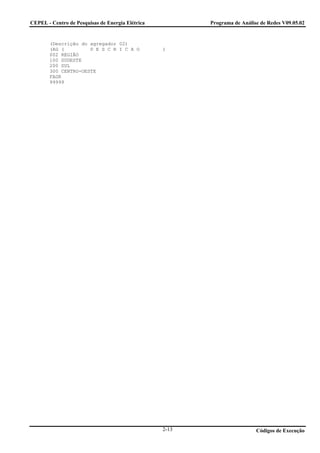 CEPEL - Centro de Pesquisas de Energia Elétrica          Programa de Análise de Redes V09.05.02


       (Descrição do agregador 02)
       (AG (         D E S C R I C A O            )
       002 REGIÃO
       100 SUDESTE
       200 SUL
       300 CENTRO-OESTE
       FAGR
       99999




                                                  2-13                     Códigos de Execução
 