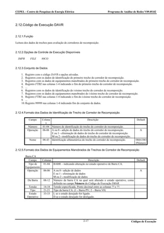 CEPEL - Centro de Pesquisas de Energia Elétrica                               Programa de Análise de Redes V09.05.02



2.12.Código de Execução DAVR


2.12.1.Função

Leitura dos dados de trechos para avaliação de corredores de recomposição.


2.12.2.Opções de Controle de Execução Disponíveis

  IMPR       FILE      80CO


2.12.3.Conjunto de Dados

     1. Registro com o código DAVR e opções ativadas.
     2. Registros com os dados de identificação do primeiro trecho do corredor de recomposição.
     3. Registros com os dados de equipamentos manobrados do primeiro trecho do corredor de recomposição.
     4. Registro FTRE nas colunas 1-4 indicando o fim do primeiro trecho do corredor de recomposição.
     5. ...
     6. Registros com os dados de identificação do i-ésimo trecho do corredor de recomposição.
     7. Registros com os dados de equipamentos manobrados do i-ésimo trecho do corredor de recomposição.
     8. Registro FTRE nas colunas 1-4 indicando o fim do i-ésimo trecho do corredor de recomposição.
     9. ...
     10. Registro 99999 nas colunas 1-4 indicando fim do conjunto de dados.


2.12.4.Formato dos Dados de Identificação de Trecho de Corredor de Recomposição

           Campo       Coluna                                Descrição                                   Default
                         s
          Número       01-04 Número de identificação do trecho do corredor de recomposição.
          Operação     06-06 A ou 0 - adição de dados do trecho do corredor de recomposição.                A
                              E ou 1 - eliminação de dados do trecho do corredor de recomposição.
                              M ou 2 - modificação de dados do trecho do corredor de recomposição.
            Nome       08-43 Identificação alfanumérica do trecho do corredor de recomposição.          TRECHO
                                                                                                        #Número

2.12.5.Formato dos Dados de Equipamentos Manobrados de Trechos de Corredor de Recomposição

         Barra CA
           Campo     Colunas                                 Descrição                                   Default
           Tipo de    01-04 BARR – indicando alteração no estado operativo de Barra CA.
         Equipamento
          Operação    06-06 A ou 0 - adição de dados                                                        A
                             E ou 1 - eliminação de dados
                             M ou 2 - modificação de dados
          Da Barra    08-12 Número da barra CA na qual será alterado o estado operativo, como
                             definido no campo Número do Código de Execução DBAR.
           Tensão     14-18 Tensão especificada. Ponto decimal entre as colunas ?? e ??.
             Tipo     21-21 Tipo da barra CA. (1 - Barra PV; 2 – Barra Vθ)
            Estado    33-33 L se o estado desejado for ligado.
          Operativo          D se o estado desejado for desligado.




                                                            2-17                                     Códigos de Execução
 