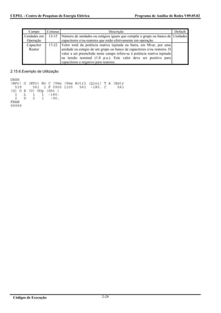 CEPEL - Centro de Pesquisas de Energia Elétrica                            Programa de Análise de Redes V09.05.02



          Campo     Colunas                                 Descrição                                Default
        Unidades em 13-15 Número de unidades ou estágios iguais que compõe o grupo ou banco de Unidades
         Operação           capacitores e/ou reatores que estão efetivamente em operação.
         Capacitor   17-22 Valor total da potência reativa injetada na barra, em Mvar, por uma
          Reator            unidade ou estágio de um grupo ou banco de capacitores e/ou reatores. O
                            valor a ser preenchido neste campo refere-se à potência reativa injetada
                            na tensão nominal (1.0 p.u.). Este valor deve ser positivo para
                            capacitores e negativo para reatores.

2.15.6.Exemplo de Utilização

DBSH
(NFr)   O (NTo) Nc C (Vmn (Vmx Bctrl (Qini) T A (Extr
  539       561 1 F 0900 1100    561 -180. C      561
(G) O   E (U) UOp (Sht )
  1     L   1   1 -180.
  2     D   2   1   -90.
FBAN
99999




 Códigos de Execução                                   2-28
 
