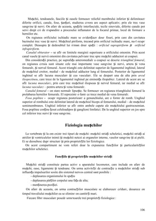 106
Mușchii, tendoanele, fasciile și oasele formeazг relieful membrului inferior și delimiteazг
diferite orificii, canale, fose, șanțuri, studierea cгrora are aspect aplicativ; prin ele trec vase
sangvine și nervi. Оn afarг de aceasta, spațiile interfasciale, tecile sinoviale, diferite canale pot
servi drept cгi de rгspвndire a procesului inflamator de la focarul primar, locul de formare a
herniilor etc.
Оn regiunea orificiului ischiadic mare se evidențiazг douг fisuri, prin care din cavitatea
bazinului trec vase și nervi. Mușchiul piriform, trecвnd prin orificiul ischiadic mare, nu-l ocupг
complet. Deasupra și dedesubtul lui rгmвn douг spații : orificiul suprapiriform și orificiul
infrapiriform.
Canalul obturator – se aflг оn limitele marginii superioare a orificiului omonim. Prin acest
canal vasele și nervii omonimi din cavitatea pelvianг trec spre mușchii adductori ai coapsei.
Din considerații practice, pe suprafața anteromedialг a coapsei se descrie triunghiul femural,
оn regiunea cгruia sunt situate cele mai importante vase sangvine și nervi, artera și vena
femuralг, și nervul femural. Acest triunghi este delimitat superior de ligamentul inghinal, lateral
de mușchiul croitor, medial - de mușchiul adductor lung al femurului. Posterior de ligamentul
inghinal se aflг lacuna muscularг și cea vascularг. Ele se despart una de alta prin arcul
ileopectineu, care trece de la ligamentul inghinal pe eminența iliopubicг. Lateral de acest arc se
aflг lacuna muscularг, prin care trec mușchiul iliopsoas și nervul femural, iar medial se aflг
lacuna vascularг – pentru artera și vena femuralг.
Canalul femural – оn stare normalг lipsește. Se formeazг оn regiunea triunghiului femural la
prolabarea herniilor femurale. El reprezintг o fantг ce trece medial de vena femuralг.
Fosa poplitee - ocupг regiunea posterioarг a genunchiului, are o formг de romb. Unghiul
superior al rombului este delimitat lateral de mușchiul biceps al femurului, medial – de mușchiul
semimembranos. Unghiul inferior se aflг оntre ambele capete ale mușchiului gastrocnemian.
Fosa poplitee conține țesut celuloadipos și ganglioni limfatici. De la unghiul superior оn jos spre
cel inferior trec nervi și vase sangvine.
Fiziologia mușchilor
La vertebrate și la om existг trei tipuri de mușchi: mușchii striați scheletici, mușchii striați ai
atriilor și ventriculelor inimii și mușchii netezi ai organelor interne, vaselor sangvine și ai pielii.
Ei se deosebesc dupг structurг și prin proprietгțile lor fiziologice.
Оn acest compartiment ne vom referi doar la expunerea funcțiilor și particularitгților
mușchilor scheletici.
Funcțiile și proprietгțile mușchilor striați
Mușchii striați constituie partea activг a aparatului locomotor, care include оn afarг de
mușchi, oase, ligamente și tendoane. Оn urma activitгții de contracție a mușchilor striați sub
influența impulsurilor sosite din sistemul nervos central sвnt posibile :
- deplasarea organismului în spațiu
- deplasarea părților corpului una fața de alta;
- menținerea poziției.
Оn afarг de aceasta, оn urma contracțiilor musculare se elaboreazг cгldurг, deoarece оn
timpul travaliului mușchilor ea se eliminг оn cantitгți mari.
Fiecare fibrг muscularг posedг urmгtoarele trei proprietгți fiziologice :
 