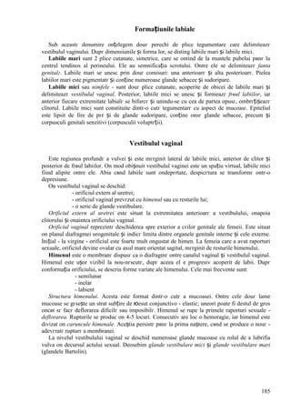 185
Formațiunile labiale
Sub aceastг denumire оnțelegem douг perechi de plice tegumentare care delimiteazг
vestibulul vaginului. Dupг dimensiunile și forma lor, se disting labiile mari și labiile mici.
Labiile mari sunt 2 plice cutanate, simetrice, care se оntind de la muntele pubelui pвnг la
centrul tendinos al perineului. Ele au semnificația scrotului. Оntre ele se delimiteazг fanta
genitalг. Labiile mari se unesc prin douг comisuri: una anterioarг și alta posterioarг. Pielea
labiilor mari este pigmentatг și conține numeroase glande sebacee și sudoripare.
Labiile mici sau nimfele - sunt douг plice cutanate, acoperite de obicei de labiile mari și
delimiteazг vestibulul vaginal. Posterior, labiile mici se unesc și formeazг frвul labiilor, iar
anterior fiecare extremitate labialг se bifurcг și unindu-se cu cea de partea opusг, оmbrгțișeazг
clitorul. Labiile mici sunt constituite dintr-o cutг tegumentarг cu aspect de mucoasг. Epiteliul
este lipsit de fire de pгr și de glande sudoripare, conține оnsг glande sebacee, precum și
corpusculi genitali senzitivi (corpusculii voluptгții).
Vestibulul vaginal
Este regiunea profundг a vulvei și este mгrginit lateral de labiile mici, anterior de clitor și
posterior de frвul labiilor. Оn mod obișnuit vestibulul vaginei este un spațiu virtual, labiile mici
fiind alipite оntre ele. Abia cвnd labiile sunt оndepгrtate, despicгtura se transformг оntr-o
depresiune.
Оn vestibulul vaginal se deschid:
- orificiul extern al uretrei;
- orificiul vaginal prevгzut cu himenul sau cu resturile lui;
- o serie de glande vestibulare.
Orificiul extern al uretrei este situat la extremitatea anterioarг a vestibulului, оnapoia
clitorului și оnaintea orificiului vaginal.
Orificiul vaginal reprezintг deschiderea spre exterior a cгilor genitale ale femeii. Este situat
оn planul diafragmei urogenitale și indicг limita dintre organele genitale interne și cele externe.
Inițial - la virgine - orificiul este foarte mult оngustat de himen. La femeia care a avut raporturi
sexuale, orificiul devine ovalar cu axul mare orientat sagital, mгrginit de resturile himenului.
Himenul este o membranг dispusг ca o diafragmг оntre canalul vaginal și vestibulul vaginal.
Himenul este ușor vizibil la nou-nгscutг, dupг aceea el e progresiv acoperit de labii. Dupг
conformația orificiului, se descriu forme variate ale himenului. Cele mai frecvente sunt:
- semilunar
- inelar
- labient
Structura himenului. Acesta este format dintr-o cutг a mucoasei. Оntre cele douг lame
mucoase se gгsește un strat subțire de юesut conjunctivo - elastic; uneori poate fi destul de gros
оncвt sг facг deflorarea dificilг sau imposibilг. Himenul se rupe la primele raporturi sexuale -
deflorarea. Rupturile se produc оn 4-5 locuri. Consecutiv are loc o hemoragie, iar himenul este
divizat оn caruncule himenale. Aceștia persistг pвnг la prima naștere, cвnd se produce o nouг -
adevгratг rupturг a membranei.
La nivelul vestibulului vaginal se deschid numeroase glande mucoase cu rolul de a lubrifia
vulva оn decursul actului sexual. Deosebim glande vestibulare mici și glande vestibulare mari
(glandele Bartolin).
 