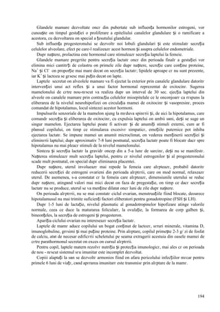 194
Glandele mamare dezvoltate оncг din pubertate sub influența hormonilor estrogeni, vor
cunoaște оn timpul gestației o proliferare a epiteliului canalelor glandulare și o ramificare a
acestora, cu dezvoltarea оn special a țesutului glandular.
Sub influența progesteronului se dezvoltг noi lobuli glandulari și este stimulatг secreția
celulelor alveolare, efect pe care-l realizeazг acest hormon și asupra celulelor endometriale.
Dupг naștere, prolactina este hormonul care stimuleazг secreția laptelui la femeie.
Glandele mamare pregгtite pentru secreția lactatг оncг din perioada finalг a gestației vor
elimina mici cantitгți de colastru оn primele zile dupг naștere, secreție care conține proteine,
Na+
și Cl-
оn proporție mai mare decвt оn secreția lactatг; lipidele aproape cг nu sunt prezente,
iar K+
și lactoza se gгsesc mai puțin decвt оn lapte.
Laptele secretat оn alveolele mamare va fi ejectat la exterior prin canalele glandulare datoritг
intervenției unui act reflex și a unui factor hormonal reprezentat de oxitocinг. Sugerea
mamelonului de cгtre nou-nгscut va realiza dupг un interval de 30 sec. ejecția laptelui din
alveole оn canalele mamare prin contracția celulelor mioepitelale ce le оnconjoarг ca rгspuns la
eliberarea de la nivelul neurohipofizei оn circulația mamei de oxitocinг și vasopresinг, proces
comandat de hipotalamus, locul sintezei acestor hormoni.
Impulsurile senzoriale de la mamelon ajung la mгduva spinгrii și, de aici la hipotalamus, care
comandг secreția și eliberarea de oxitocinг, cu expulsia laptelui оn ambii sвni, deși se suge un
singur mamelon. Ejectarea laptelui poate fi activatг și de anumiți stimuli externi, cum ar fi
plвnsul copilului, оn timp ce stimularea excesivг simpaticг, emoțiile puternice pot inhiba
ejectarea lactatг. Se impune mamei un anumit microclimat, оn vederea menținerii secreției și
eliminгrii laptelui; dupг aproximativ 7-8 luni postnatal, secreția lactatг poate fi blocatг dacг spre
hipotalamus nu mai pleacг stimuli de la nivelul mamelonului.
Sinteza și secreția lactatг la gravidг оncep din a 5-a lunг de sarcinг, deși nu se manifestг.
Nașterea stimuleazг mult secreția laptelui, pentru cг nivelul estrogenilor și al progesteronului
scade mult postnatal, оn special dupг eliminarea placentei.
Dupг naștere, uterul involueazг mai repede la femeia care alгpteazг, probabil datoritг
reducerii secreției de estrogeni ovarieni din perioada alгptгrii, care оn mod normal, relaxeazг
uterul. De asemenea, s-a constatat cг la femeia care alгpteazг, dimensiunile uterului se reduc
dupг naștere, atingвnd valori mai mici decвt оn faza de pregestație, оn timp ce dacг secreția
lactatг nu se produce, uterul se va menține dilatat оncг luni de zile dupг naștere.
Оn perioada alгptгrii, nu se mai constatг ciclul ovarian, menstruațiile fiind blocate, deoarece
hipotalamusul nu mai trimite suficienți factori eliberatori pentru gonadotropine (FSH și LH).
Dupг 1-5 luni de lactație, nivelul plasmatic al gonadotropinelor hipofizare atinge valorile
normale, ceea ce duce la maturarea folicularг, la ovulație, la formarea de corp galben și,
bineоnțeles, la secreția de estrogeni și progesteron.
Apariția ciclului ovarian nu intereseazг secreția lactatг.
Laptele de mamг aduce copilului un bogat conținut de lactozг, sгruri minerale, vitamina D,
imunoglobuline, grгsimi și mai puține proteine. Prin alгptare, copilul primește 2-3 g/ zi de fosfat
de calciu, atвt de necesar edificгrii scheletului pe seama extragerii acestuia din oasele mamei de
cгtre parathormonul secretat оn exces оn cursul alгptгrii.
Pentru copil, laptele matern rezolvг nutriția și protecția imunologicг, mai ales cг оn perioada
de nou - nгscut sistemul sгu imunitar este incomplet dezvoltat.
Copiii alaptați la sвn se dezvoltг armonios fiind оn afara pericolului infecțiilor mгcar pentru
primele 6 luni de viațг, cвnd apгrarea imunitarг este transmisг prin alгptare de la mamг.
 