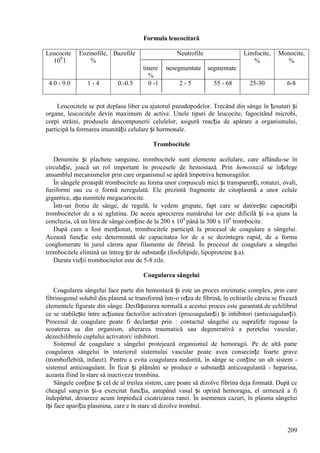 209
Formula leucocitară
Leucocite
109
l
Eozinofile,
%
Bazofile Neutrofile
tinere nesegmentate segmentate
%
Limfocite,
%
Monocite,
%
4.0 - 9.0 1 - 4 0.-0.5 0 -1 2 - 5 55 - 68 25-30 6-8
Leucocitele se pot deplasa liber cu ajutorul pseudopodelor. Trecând din sânge în țesuturi și
organe, leucocitele devin maximum de active. Unele tipuri de leucocite, fagocitând microbi,
corpi străini, produsele descompunerii celulelor, asigură reacția de apărare a organismului,
participă la formarea imunității celulare și hormonale.
Trombocitele
Denumite și plachete sanguine, trombocitele sunt elemente acelulare, care aflându-se în
circulație, joacă un rol important în procesele de hemostază. Prin hemostază se înțelege
ansamblul mecanismelor prin care organismul se apără împotriva hemoragiilor.
În sângele proaspăt trombocitele au forma unor corpusculi mici și transparenți, rotunzi, ovali,
fuziformi sau cu o formă neregulată. Ele prezintă fragmente de citoplasmă a unor celule
gigantice, așa numitele megacariocite.
Într-un frotiu de sânge, de regulă, le vedem grupate, fapt care se datorește capacității
trombocitelor de a se aglutina. De aceea aprecierea numărului lor este dificilă și s-a ajuns la
concluzia, că un litru de sânge conține de la 200 x 109
până la 300 x 109
trombocite.
După cum a fost menționat, trombocitele participă la procesul de coagulare a sângelui.
Această funcție este determinată de capacitatea lor de a se dezintegra rapid, de a forma
conglomerate în jurul cărora apar filamente de fibrină. În procesul de coagulare a sângelui
trombocitele elimină un întreg șir de substanțe (fosfolipide, lipoproteine ș.a).
Durata vieții trombocitelor este de 5-8 zile.
Coagularea sângelui
Coagularea sângelui face parte din hemostază și este un proces enzimatic complex, prin care
fibrinogenul solubil din plasmă se transformă într-o rețea de fibrină, în ochiurile căreia se fixează
elementele figurate din sânge. Desfășurarea normală a acestui proces este garantată de echilibrul
ce se stabilește între acțiunea factorilor activatori (procoagulanți) și inhibitori (anticoagulanți).
Procesul de coagulare poate fi declanșat prin : contactul sângelui cu suprafețe rugoase la
scoaterea sa din organism, alterarea traumatică sau degenerativă a peretelui vascular,
dezechilibrele cuplului activatori/ inhibitori.
Sistemul de coagulare a sângelui protejează organismul de hemoragii. Pe de altă parte
coagularea sângelui în interiorul sistemului vascular poate avea consecințe foarte grave
(tromboflebită, infarct). Pentru a evita coagularea nedorită, în sânge se conține un alt sistem -
sistemul anticoagulant. În ficat și plămâni se produce o substanță anticoagulantă - heparina,
aceasta fiind în stare să inactiveze trombina.
Sângele conține și cel de al treilea sistem, care poate să dizolve fibrina deja formată. După ce
cheagul sangvin și-a exercitat funcția, astupând vasul și oprind hemoragia, el urmează a fi
îndepărtat, deoarece acum împiedică cicatrizarea ranei. În asemenea cazuri, în plasma sângelui
își face apariția plasmina, care e în stare să dizolve trombul.
 