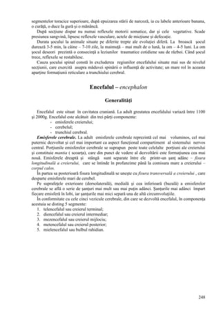 248
segmentelor toracice superioare, după epuizarea stării de narcoză, ia cu labele anterioare banana,
o curăţă, o duce la gură şi o mănâncă.
După secţiune dispar nu numai reflexele motorii somatice, dar şi cele vegetative. Scade
presiunea sangvină, lipsesc reflexele vasculare, actele de micţiune şi defecaţie.
Durata şocului la animale situate pe diferite trepte ale evoluţiei diferă. La broască şocul
durează 3-5 min, la câine – 7-10 zile, la maimuţă – mai mult de o lună, la om – 4-5 luni. La om
şocul deseori prezintă o consecinţă a leziunilor traumatice cotidiene sau de război. Când şocul
trece, reflexele se restabilesc.
Cauza şocului spinal constă în excluderea regiunilor encefalului situate mai sus de nivelul
secţiunii, care exercită asupra măduvei spinării o influenţă de activitate; un mare rol în aceasta
aparţine formaţiunii reticulare a trunchiului cerebral.
Encefalul – encephalon
Generalităţi
Encefalul este situat în cavitatea craniană. La adult greutatea encefalului variază între 1100
şi 2000g. Encefalul este alcătuit din trei părţi componente:
- emisferele creierului;
- cerebelul;
- trunchiul cerebral.
Emisferele cerebrale. La adult emisferele cerebrale reprezintă cel mai voluminos, cel mai
puternic dezvoltat şi cel mai important ca aspect funcţional compartiment al sistemului nervos
central. Porţiunile emisferelor cerebrale se suprapun peste toate celelalte porţiuni ale creierului
şi constituie mantia ( scoarţa), care din punct de vedere al dezvoltării este formaţiunea cea mai
nouă. Emisferele dreaptă şi stângă sunt separate între ele printr-un şanţ adânc – fisura
longitudinală a creierului, care se întinde în profunzime până la comisura mare a creierului –
corpul calos.
În partea sa posterioară fisura longitudinală se uneşte cu fisura transversală a creierului , care
desparte emisferele mari de cerebel.
Pe suprafeţele exterioare (dorsolaterală), medială şi cea inferioară (bazală) a emisferelor
cerebrale se află o serie de şanţuri mai mult sau mai puţin adânci. Şanţurile mai adânci împart
fiecare emisferă în lobi, iar şanţurile mai mici separă una de altă circumvoluţiile.
În conformitate cu cele cinci vezicule cerebrale, din care se dezvoltă encefalul, în componenţa
acestuia se disting 5 segmente:
1. telencefalul sau creierul terminal;
2. diencefalul sau creierul intermediar;
3. mezencefalul sau creierul mijlociu;
4. metencefalul sau creierul posterior;
5. mielencefalul sau bulbul rahidian.
 