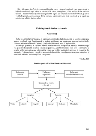 266
Din căile motorii reflexe (extrapiramidale) fac parte: calea rubrospinală, care porneşte de la
celulele nucleului roşu, aflat în mezencefal, calea tectospinală, care începe de la nucleele
tectului mezencefalului (lama quadrigemină), legată cu senzaţia auditivă şi vizuală, şi calea
vestibulospinală, care porneşte de la nucleele vestibulare din fosa romboidă şi e legată de
menţinerea echilibrului corpului.
Fiziologia emisferelor cerebrale
Generalităţi
Rolul specific al creierului este de a prelucra informaţia. Sediul principal al acestui proces este
scoarţa cerebrală care funcţionează în strânsă colaborare cu numeroase structuri subcorticale.
Pentru a prelucra informaţia , scoarţa cerebrală trebuie mai întâi să o primească.
Informaţia pătrunde în sistemul nervos prin intermediul receptorilor, de unde este trimisă pe
căi specifice la scoarţă, în ariile senzitive specifice. Aceste informaţii sunt apoi comparate, la
nivelul ariilor asociative, cu informaţiile culese de ceilalţi analizatori, precum şi cu datele din
memorie. Pe baza sintezei complexe a tuturor informaţiilor este elaborată starea de conştiinţă şi
sunt luate deciziile automate şi cele voluţionale.
Tabelul. N.8
Schema generală de funcţionare a creierului
Informaţia
actuală
Prelucrare
superizare
Informaţia
anterioară (memorie)
Comandă şi control
= decizii =
AutomatConştient
CognitivAfectivVolitiv Visceral Endocrin Metabolic
 
