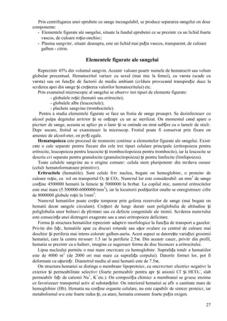 27
Prin centrifugarea unei eprubete cu sвnge incoagulabil, se produce separarea sвngelui оn douг
componente:
- Elementele figurate ale sвngelui, situate la fundul eprubetei ce se prezintг ca un lichid foarte
vвscos, de culoare roșie-оnchisг;
- Plasma sangvinг, situatг deasupra, este un lichid mai puțin vвscos, transparent, de culoare
galben - citrin.
Elementele figurate ale sвngelui
Reprezintг 45% din volumul sangvin. Aceastг valoare poartг numele de hematocrit sau volum
globular procentual. Hematocritul variazг cu sexul (mai mic la femei), cu vвrsta (scade cu
vвrsta) sau оn funcție de factorii de mediu ambiant (cгldura provocвnd transpirație duce la
scгderea apei din sвnge și creșterea valorilor hematocritului) etc.
Prin examenul microscopic al sвngelui se observг trei tipuri de elemente figurate:
- globulele roșii (hematii sau eritrocite);
- globulele albe (leucocitele);
- plachete sangvine (trombocitele).
Pentru a studia elementele figurate se face un frotiu de sвnge proaspгt. Se dezinfecteazг cu
alcool pulpa degetului arгtгtor și se оnțeapг cu un ac sterilizat. Оn momentul cвnd apare o
picгturг de sвnge, aceasta se aplicг pe o lamг și se оntinde оn strat subțire cu o lamelг de sticlг.
Dupг uscare, frotiul se examineazг la microscop. Frotiul poate fi conservat prin fixare оn
amestec de alcool-eter, оn pгrți egale.
Hematopoieza este procesul de reоnnoire continuг a elementelor figurate ale sвngelui. Existг
cвte o cale separatг pentru fiecare din cele trei tipuri celulare principale (eritropoieza pentru
eritrocite, leucopoieza pentru leucocite și trombocitopoieza pentru trombocite), iar la leucocite se
descriu cгi separate pentru granulocite (granulocitopoieza) și pentru limfocite (limfopoieza).
Toate celulele sangvine au o origine comunг: celula stem pluripotentг din mгduva osoasг
(celulг hematoformatoare primitivг).
Eritrocitele (hematiile). Sunt celule fгrг nucleu, bogate оn hemoglobinг, o proteinг de
culoare roșie, cu rol оn transportul O2 și CO2. Numгrul lor este considerabil: un mm3
de sвnge
conține 4500000 hematii la femeie și 5000000 la bгrbat. La copilul mic, numгrul eritrocitelor
este mai mare (5.500000-6000000/mm3
), iar la locuitorii podișurilor оnalte se оnregistreazг cifre
de 8000000 globule roșii la 1mm3
.
Numгrul hematiilor poate crește temporar prin golirea rezervelor de sвnge (mai bogate оn
hematii decвt sвngele circulant). Creșteri de lungг duratг sunt poliglobulia de altitudine și
poliglobulia unor bolnavi de plгmвni sau cu defecte congenitale ale inimii. Scгderea numгrului
este consecința unei distrugeri exagerate sau a unei eritropoieze deficitare.
Forma și structura hematiilor reprezintг adaptгri morfologice la funcția de transport a gazelor.
Privite din fațг, hematiile apar ca discuri rotunde sau ușor ovalare cu centrul de culoare mai
deschisг și periferia mai intens coloratг galben-auriu. Acest aspect se datorește variației grosimii
hematiei, care la centru mгsoarг 1.5 iar la periferie 2.5м. Din aceastг cauzг, privitг din profil,
hematia se prezintг ca o halterг, imagine ce sugereazг forma de disc biconcav a eritrocitului.
Lipsa nucleului permite o mai mare оncгrcare cu hemoglobinг. Suprafața totalг a hematiilor
este de 4000 m2
(de 2000 ori mai mare ca suprafața corpului). Datoritг formei lor, pot fi
deformate cu ușurințг. Diametrul mediu al unei hematii este de 7.5м.
Оn structura hematiei se distinge o membranг lipoproteicг, cu оncгrcгturг electricг negativг la
exterior și permeabilitate selectivг (foarte permeabilг pentru apг și anionii Cl-
și HCO3
-
, slab
permeabilг fațг de cationii Na+
, K+
etc.). Оn compoziția chimicг a membranei se gгsesc enzime
ce favorizeazг transportul activ al substanțelor. Оn interiorul hematiei se aflг o cantitate mare de
hemoglobinг (Hb). Hematia nu conține organite celulare, nu este capabilг de sintezг proteicг, iar
metabolismul sгu este foarte redus și, ca atare, hematia consumг foarte puțin oxigen.
 
