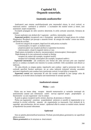 300
Capitolul XI.
Organele senzoriale.
Anatomia analizatorilor
Analizatorii sunt sisteme morfofuncţionale prin intermediul cărora, la nivel cortical, se
realizează analiza cantitativă şi calitativă a excitanţilor din mediul extern şi intern, care
acţionează asupra receptorilor.
Excitaţiile propagate de căile senzitive determină, în ariile corticale senzoriale, formarea de
senzaţii.
Fiecare analizator este alcătuit din 3 segmente – periferic, intermediar, central.
Segmentul periferic (receptorul) este o formaţiune specializată în lungul proces de evoluţie
filogenetică. Receptorii pot percepe o anumită formă de energie din mediul extern sau intern,
sub formă de excitaţii.
Există trei categorii de receptori, după locul de unde preiau excitaţiile:
- exteroreceptori, în raport cu mediul extern;
- proprioreceptori sau receptori profunzi ai aparatului locomotor;
- interoreceptori, situaţi în organele interne şi vase.
După natura excitanţilor se descriu: mecanoreceptori, termoreceptori, fotoreceptori.
După distanţa de la care acţionează excitanţii se disting:
- receptori de contact (de exemplu, receptorii tactili);
receptori de la distanţă, telereceptori (de exemplu, receptorul auditiv).
Segmentul intermediar (de conducere) este format din căile nervoase prin care impulsul
nervos ce conduce excitaţiile este transmis la scoarţa cerebrală. Căile ascendente sunt directe şi
indirecte.
Pe calea directă, cu sinapse puţine, impulsurile sunt conduse rapid şi proiectate într-o arie
corticală specifică fiecărui analizator, iar pe calea indirectă (sistemul reticular ascendent
activator) impulsurile sunt conduse lent şi proiectate cortical, în mod difuz şi nespecific.
Segmentul central este reprezentat de aria din scoarţa cerebrală la care ajunge calea de
conducere şi la nivelul căreia excitaţiile sunt transformate în senzaţii specifice.
Analizatorul cutanat
Pielea – cutis
Pielea este un imens câmp receptor datorită numeroaselor şi variatelor terminaţii ale
analizatorului cutanat care informează centrii nervoşi superiori asupra proprietăţilor şi
fenomenelor cu care organismul vine în contact.
În piele se găsesc receptorii tactili, termici, dureroşi, de presiune şi vibratori.
Pielea sau tegumentul constituie acoperământul protector şi sensibil al organismului şi se
continuă la nivelul orificiilor naturale ale organismului cu mucoasele. Este alcătuită de la
suprafaţă spre profunzime, din trei straturi : epidermul aflat în contact cu mediul extern, dermul
şi hipodermul sau ţesutul subcutanat.
Epidermul
Este un epiteliu pluristratificat keratinizat. Profund, prezintă pătura germinativă, iar superficial
pătura cornoasă.
Pătura germinativă are în structura sa două straturi:
 