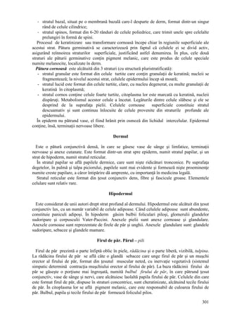 301
- stratul bazal, situat pe o membrană bazală care-l desparte de derm, format dintr-un singur
rând de celule cilindrice;
- stratul spinos, format din 6-20 rânduri de celule poliedrice, care trimit unele spre celelalte
prelungiri în formă de spini.
Procesul de keratinizare sau transformare cornoasă începe chiar în regiunile superficiale ale
acestui strat. Pătura germinativă se caracterizează prin faptul că celulele ei se divid activ,
asigurând reînnoirea straturilor superficiale, justificând astfel denumirea. În plus, cele două
straturi ale păturii germinative conţin pigment melanic, care este produs de celule speciale
numite melanocite, localizate în derm.
Pătura cornoasă este alcătuită din 3 straturi (cu structură pluristratificată):
- stratul granular este format din celule turtite care conţin granulaţii de keratină; nucleii se
fragmentează; la nivelul acestui strat, celulele epidermului încep să moară;
- stratul lucid este format din celule turtite, clare, cu nucleu degenerat, cu multe granulaţii de
keratină în citoplasmă;
- stratul cornos conţine celule foarte turtite, citoplasma lor este marcată cu keratină, nucleii
dispăruţi. Metabolismul acestor celule a încetat. Legăturile dintre celule slăbesc şi ele se
desprind de la suprafaţa pielii. Celulele cornoase superficiale constituie stratul
descuamativ şi sunt continuu înlocuite de celule provenite din straturile profunde ale
epidermului.
În epiderm nu pătrund vase, el fiind hrănit prin osmoză din lichidul intercelular. Epidermul
conţine, însă, terminaţii nervoase libere.
Dermul
Este o pătură conjunctivă densă, în care se găsesc vase de sânge şi limfatice, terminaţii
nervoase şi anexe cutanate. Este format dintr-un strat spre epiderm, numit stratul papilar, şi un
strat de hipoderm, numit stratul reticular.
În stratul papilar se află papilele dermice, care sunt nişte ridicături tronconice. Pe suprafaţa
degetelor, în palmă şi talpa piciorului, papilele sunt mai evidente şi formează nişte proeminenţe
numite creste papilare, a căror întipărire dă amprente, cu importanţă în medicina legală.
Stratul reticular este format din ţesut conjunctiv dens, fibre şi fascicule groase. Elementele
celulare sunt relativ rare.
Hipodermul
Este considerat de unii autori drept strat profund al dermului. Hipodermul este alcătuit din ţesut
conjunctiv lax, cu un număr variabil de celule adipoase. Când celulele adipoase sunt abundente,
constituie paniculi adipoşi. În hipoderm găsim bulbii foliculari piloşi, glomerulii glandelor
sudoripare şi corpusculii Vater-Paccini. Anexele pielii sunt anexe cornoase şi glandulare.
Anexele cornoase sunt reprezentate de firele de păr şi unghii. Anexele glandulare sunt: glandele
sudoripare, sebacee şi glandele mamare.
Firul de păr. Părul – pili
Firul de păr prezintă o parte înfiptă oblic în piele, rădăcina şi o parte liberă, vizibilă, tulpina.
La rădăcina firului de păr se află câte o glandă sebacee care unge firul de păr şi un muşchi
erector al firului de păr, format din ţesutul muscular neted, cu inervaţie vegetativă (sistemul
simpatic determină contracţia muşchiului erector al firului de păr). La baza rădăcinii firului de
păr se găseşte o porţiune mai îngroşată, numită bulbul firului de păr, în care pătrund ţesut
conjunctiv, vase de sânge şi nervi, care alcătuiesc laolaltă papila firului de păr. Celulele din care
este format firul de păr, dispuse în straturi concentrice, sunt cheratinizate, alcătuind tecile firului
de păr. În citoplasma lor se află pigment melanic, care este responsabil de culoarea firului de
păr. Bulbul, papila şi tecile firului de păr formează foliculul pilos.
 
