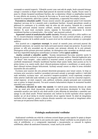 328
rezonanţă cu sunetul respectiv. Vibraţiile acestei zone sunt atât de ample, încât consumă întreaga
energie a sunetului şi dispar imediat după punctul de maximă oscilaţie. Aşadar, fiecare sunet va
pune în vibraţie începutul membranei bazilare, dar va determina vibraţii cu amplitudine maximă
în zone diferite ale acesteia, în funcţie de frecvenţa sa. În acest mod, membrana ,,descompune”
sunetele în componente, adică face o primă ,,interpretare„ a aspectului frecvenţelor sonore.
Transmiterea stimulului auditiv. Fiecare neuron senzitiv din ganglionul spiral Corti transmite
impulsuri nervoase de la o anumită zonă a membranei bazilare. Această specializare zonală se
păstrează în continuare şi la celelalte staţii de releu ale căii acustice. Sunetele de o anumită
frecvenţă activează anumiţi neuroni cohleari, anumiţi neuroni coliculari, anumiţi neuroni
talamici. În acest mod, excitaţiile sonore, separate în frecvenţele componente la nivelul
membranei bazilare se transmit prin ,, fire izolate” spre neuronii corticali.
Segmentul central al analizatorului auditiv (acustic). Proiecţia corticală a căilor auditive are
loc în circumvoluţiunea temporală superioară. Aceasta este aria acustică primară, ce primeşte
informaţii acustice de la ambele urechi. La acest nivel are loc realizarea senzaţiei şi a percepţiei
auditive.
Aria acustică are o organizare tonotopă, în sensul că sunetele joase activează neuroni din
porţiunile anterioare, iar sunetele mai înalte activează neuroni situaţi mai posterior. În jurul ariei
primare se află aria secundară sau de asociaţie care primeşte aferenţe de la aria primară.
Distrugerea ariilor primare provoacă surditate, iar distrugerea celor secundare nu aboleşte auzul,
însă face imposibilă înţelegerea semnificaţiei cuvintelor vorbite (afazie auditivă).
Analiza corticală a stimulilor auditiv. Scoarţa interpretează frecvenţa sunetelor auzite în
funcţie de neuronii corticali la care ajung impulsurile nervoase auditive. Datorită legăturilor prin
,,fir direct” între receptor , calea auditivă şi neuronul central, se poate concluziona că scoarţa
cerebrală interpretează vibraţiile membranei bazilare drept sunete înalte, dacă acestea au loc în
prima treime a sa, sunete medii, dacă vibrează porţiunea mijlocie a membranei, şi sunete grave,
dacă vibrează treimea dinspre helicotremă. Aceleaşi senzaţii sonore se obţin în urma stimulării
neuronilor din aria auditivă.
Excitarea unor neuroni din aria primară determină perceperea unor tonuri sonore, în timp ce
excitarea ariei asociative (auditive secundare) provoacă senzaţii şi percepţii auditive ( individul
aude melodia); excitarea unor arii asociative temporo-occipitale, evocă experienţe complexe
trăite anterior (individul aude melodia şi are imaginea sălii unde a avut loc concertul respectiv,
având impresia că totul, respectiv sala, publicul, orchestra, propria persoană sunt evenimente
care se petrec la timpul prezent). Tot acest scenariu halucinatoriu dispare în momentul încetării
stimulării ariei respective.
Identificarea direcţiei de unde vine sunetul. Un individ poate determina direcţia de unde
vine un sunet prin două mecanisme principale: prin detectarea decalajului în timp dintre
semnalele acustice care intră în cele două urechi şi prin diferenţa de intensitate a sunetului care
ajunge la cele două urechi. Primul mecanism este realizat la nivelul nucleului olivar superior
medial, iar cel de-al doilea la nivelul nucleului olivar superior lateral. În afară de integritatea
nucleului olivar superior, pentru a detecta direcţia sunetelor este necesară şi integritatea căilor
nervoase pe tot parcursul dintre nuclei şi cortex.
Fiziologia analizatorului vestibular
Analizatorul vestibular are rolul de a informa creierul despre poziţia capului în spaţiu şi despre
accelerările liniare sau circulare la care acesta este supus. Simţul vestibular nu este propriu-zis un
simţ al echilibrului, ci o componentă importantă a mecanismelor ce concură la reglarea
echilibrului, alături de analizatorii kinestezic, vizual, tactil şi de cerebel.
 