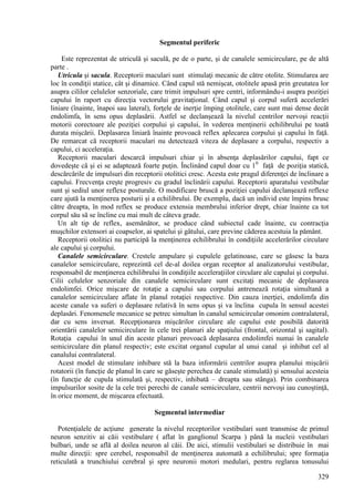 329
Segmentul periferic
Este reprezentat de utriculă şi saculă, pe de o parte, şi de canalele semicirculare, pe de altă
parte .
Utricula şi sacula. Receptorii maculari sunt stimulaţi mecanic de către otolite. Stimularea are
loc în condiţii statice, cât şi dinamice. Când capul stă nemişcat, otolitele apasă prin greutatea lor
asupra cililor celulelor senzoriale, care trimit impulsuri spre centri, informându-i asupra poziţiei
capului în raport cu direcţia vectorului gravitaţional. Când capul şi corpul suferă accelerări
liniare (înainte, înapoi sau lateral), forţele de inerţie împing otolitele, care sunt mai dense decât
endolimfa, în sens opus deplasării. Astfel se declanşează la nivelul centrilor nervoşi reacţii
motorii corectoare ale poziţiei corpului şi capului, în vederea menţinerii echilibrului pe toată
durata mişcării. Deplasarea liniară înainte provoacă reflex aplecarea corpului şi capului în faţă.
De remarcat că receptorii maculari nu detectează viteza de deplasare a corpului, respectiv a
capului, ci acceleraţia.
Receptorii maculari descarcă impulsuri chiar şi în absenţa deplasărilor capului, fapt ce
dovedeşte că şi ei se adaptează foarte puţin. Înclinând capul doar cu 10
faţă de poziţia statică,
descărcările de impulsuri din receptorii otolitici cresc. Acesta este pragul diferenţei de înclinare a
capului. Frecvenţa creşte progresiv cu gradul înclinării capului. Receptorii aparatului vestibular
sunt şi sediul unor reflexe posturale. O modificare bruscă a poziţiei capului declanşează reflexe
care ajută la menţinerea posturii şi a echilibrului. De exemplu, dacă un individ este împins brusc
către dreapta, în mod reflex se produce extensia membrului inferior drept, chiar înainte ca tot
corpul său să se încline cu mai mult de câteva grade.
Un alt tip de reflex, asemănător, se produce când subiectul cade înainte, cu contracţia
muşchilor extensori ai coapselor, ai spatelui şi gâtului, care previne căderea acestuia la pământ.
Receptorii otolitici nu participă la menţinerea echilibrului în condiţiile accelerărilor circulare
ale capului şi corpului.
Canalele semicirculare. Crestele ampulare şi cupulele gelatinoase, care se găsesc la baza
canalelor semicirculare, reprezintă cel de-al doilea organ receptor al analizatorului vestibular,
responsabil de menţinerea echilibrului în condiţiile acceleraţiilor circulare ale capului şi corpului.
Cilii celulelor senzoriale din canalele semicirculare sunt excitaţi mecanic de deplasarea
endolimfei. Orice mişcare de rotaţie a capului sau corpului antrenează rotaţia simultană a
canalelor semicirculare aflate în planul rotaţiei respective. Din cauza inerţiei, endolimfa din
aceste canale va suferi o deplasare relativă în sens opus şi va înclina cupula în sensul acestei
deplasări. Fenomenele mecanice se petrec simultan în canalul semicircular omonim contralateral,
dar cu sens inversat. Recepţionarea mişcărilor circulare ale capului este posibilă datorită
orientării canalelor semicirculare în cele trei planuri ale spaţiului (frontal, orizontal şi sagital).
Rotaţia capului în unul din aceste planuri provoacă deplasarea endolimfei numai în canalele
semicirculare din planul respectiv; este excitat organul cupular al unui canal şi inhibat cel al
canalului contralateral.
Acest model de stimulare inhibare stă la baza informării centrilor asupra planului mişcării
rotatorii (în funcţie de planul în care se găseşte perechea de canale stimulată) şi sensului acesteia
(în funcţie de cupula stimulată şi, respectiv, inhibată – dreapta sau stânga). Prin combinarea
impulsurilor sosite de la cele trei perechi de canale semicirculare, centrii nervoşi iau cunoştinţă,
în orice moment, de mişcarea efectuată.
Segmentul intermediar
Potenţialele de acţiune generate la nivelul receptorilor vestibulari sunt transmise de primul
neuron senzitiv ai căii vestibulare ( aflat în ganglionul Scarpa ) până la nucleii vestibulari
bulbari, unde se află al doilea neuron al căii. De aici, stimulii vestibulari se distribuie în mai
multe direcţii: spre cerebel, responsabil de menţinerea automată a echilibrului; spre formaţia
reticulată a trunchiului cerebral şi spre neuronii motori medulari, pentru reglarea tonusului
 