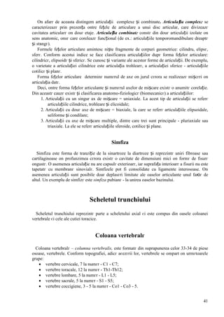 41
Оn afarг de aceasta distingem articulații complexe și combinate. Articulația complexг se
caracterizeazг prin prezența оntre fețele de articulare a unui disc articular, care divizeazг
cavitatea articularг оn douг etaje. Articulația combinatг constг din douг articulații izolate оn
sens anatomic, оnsг care coreleazг funcțional (de ex.: articulațiile temporomandibulare dreaptг
și stвngг).
Formele fețelor articulare amintesc niște fragmente de corpuri geometrice: cilindru, elipsг,
sferг. Conform acestui indice se face clasificarea articulațiilor dupг forma fețelor articulare:
cilindricг, elipsoidг și sfericг. Se cunosc și variante ale acestor forme de articulații. De exemplu,
o varietate a articulației cilindrice este articulația trohlearг, a articulației sferice - articulațiile
cotilicг și planг.
Forma fețelor articulare determinг numгrul de axe оn jurul cгrora se realizeazг mișcгri оn
articulația datг.
Deci, оntre forma fețelor articulante și numгrul axelor de mișcare existг o anumitг corelație.
Din aceastг cauzг existг și clasificarea anatomo-fiziologicг (biomecanicг) a articulațiilor:
1. Articulații cu un singur ax de mișcare = uniaxiale. La acest tip de articulații se referг
articulațiile cilindrice, trohleare și elicoidale;
2. Articulații cu douг axe de mișcare = biaxiale, la care se referг articulațiile elipsoidale,
seliforme și condilare;
3. Articulații cu axe de mișcare multiple, dintre care trei sunt principale - pluriaxiale sau
triaxiale. La ele se referг articulațiile sferoide, cotilice și plane.
Simfiza
Simfiza este forma de tranziție de la sinartroze la diartroze și reprezintг uniri fibroase sau
cartilaginoase оn profunzimea cгrora existг o cavitate de dimensiuni mici оn formг de fisurг
оngustг. O asemenea articulație nu are capsulг exterioarг, iar suprafața interioarг a fisurii nu este
tapetatг cu membranг sinovialг. Simfizele pot fi consolidate cu ligamente interosoase. Оn
asemenea articulații sunt posibile doar deplasгri limitate ale oaselor articulante unul faюг de
altul. Un exemplu de simfizг este simfiza pubianг - la unirea oaselor bazinului.
Scheletul trunchiului
Scheletul trunchiului reprezintг parte a scheletului axial єi este compus din oasele coloanei
vertebrale єi cele ale cutiei toracice.
Coloana vertebralг
Coloana vertebralг – columna vertebralis, este formatг din suprapunerea celor 33-34 de piese
osoase, vertebrele. Conform topografiei, adicг aєezгrii lor, vertebrele se оmpart оn urmгtoarele
grupe:
 vertebre cervicale, 7 la numгr - C1 - C7;
 vertebre toracale, 12 la numгr - Th1-Th12;
 vertebre lombare, 5 la numгr - L1 - L5;
 vertebre sacrale, 5 la numгr - S1 - S5;
 vertebre coccigiene, 3 - 5 la numгr - Co1 - Co3 - 5.
 