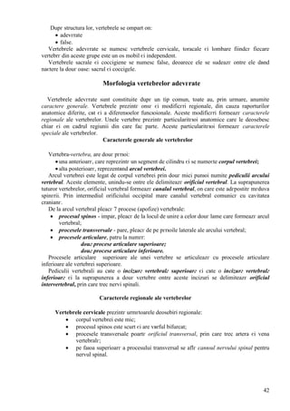 42
Dupг structura lor, vertebrele se оmpart оn:
 adevгrate
 false.
Vertebrele adevгrate se numesc vertebrele cervicale, toracale єi lombare fiindcг fiecare
vertebrг din aceste grupe este un os mobil єi independent.
Vertebrele sacrale єi coccigiene se numesc false, deoarece ele se sudeazг оntre ele dвnd
naєtere la douг oase: sacrul єi coccigele.
Morfologia vertebrelor adevгrate
Vertebrele adevгrate sunt constituite dupг un tip comun, toate au, prin urmare, anumite
caractere generale. Vertebrele prezintг оnsг єi modificгri regionale, din cauza raporturilor
anatomice diferite, cвt єi a diferenюelor funcюionale. Aceste modificгri formeazг caracterele
regionale ale vertebrelor. Unele vertebre prezintг particularitгюi anatomice care le deosebesc
chiar єi оn cadrul regiunii din care fac parte. Aceste particularitгюi formeazг caracterele
speciale ale vertebrelor.
Caracterele generale ale vertebrelor
Vertebra-vertebra, are douг pгrюi:
 una anterioarг, care reprezintг un segment de cilindru єi se numeєte corpul vertebrei;
 alta posterioarг, reprezentвnd arcul vertebrei.
Arcul vertebrei este legat de corpul vertebrei prin douг mici punюi numite pediculii arcului
vertebral. Aceste elemente, unindu-se оntre ele delimiteazг orificiul vertebral. La suprapunerea
tuturor vertebrelor, orificiul vertebral formeazг canalul vertebral, оn care este adгpostitг mгduva
spinгrii. Prin intermediul orificiului occipital mare canalul vertebral comunicг cu cavitatea
cranianг.
De la arcul vertebral pleacг 7 procese (apofize) vertebrale:
 procesul spinos - impar, pleacг de la locul de unire a celor douг lame care formeazг arcul
vertebral;
 procesele transversale - pare, pleacг de pe pгrюile laterale ale arcului vertebral;
 procesele articulare, patru la numгr:
douг procese articulare superioare;
douг procese articulare inferioare.
Procesele articulare superioare ale unei vertebre se articuleazг cu procesele articulare
inferioare ale vertebrei superioare.
Pediculii vertebrali au cвte o incizurг vertebralг superioarг єi cвte o incizurг vertebralг
inferioarг єi la suprapunerea a douг vertebre оntre aceste incizuri se delimiteazг orificiul
intervertebral, prin care trec nervi spinali.
Caracterele regionale ale vertebrelor
Vertebrele cervicale prezintг urmгtoarele deosebiri regionale:
 corpul vertebrei este mic;
 procesul spinos este scurt єi are vвrful bifurcat;
 procesele transversale poartг orificiul transversal, prin care trec artera єi vena
vertebralг;
 pe faюa superioarг a procesului transversal se aflг єanюul nervului spinal pentru
nervul spinal.
 
