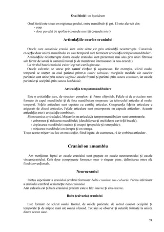 74
Osul hioid - os hyoideum
Osul hioid este situat оn regiunea gвtului, оntre mandibulг și gвt. El este alcгtuit din:
- corp
- douг perechi de apofize (coarnele mari și coarnele mici)
Articulațiile oaselor craniului
Oasele care constituie craniul sunt unite оntre ele prin articulații neоntrerupte. Constituie
excepție doar unirea mandibulei cu osul temporal care formeazг articulația temporomandibularг.
Articulațiile neоntrerupte dintre oasele craniului sunt prezentate mai ales prin uniri fibroase
sub formг de suturi la oamenii maturi și de membrane interosoase (la nou-nгscuți).
La nivelul bazei craniului existг legгturi cartilaginoase.
Oasele calvariei se unesc prin suturi zimțate și squamoase. De exemplu, solzul osului
temporal se unește cu osul parietal printr-o suturг solzoasг, marginile mediale ale oaselor
parietale sunt unite prin sutura sagitalг, oasele frontal și parietal-prin sutura coronarг, iar oasele
parietale și occipital-prin sutura lambdoidг.
Articulația temporomandibularг
Este o articulație parг, de structurг complexг și formг elipsoidг. Fețele ei de articulare sunt
formate de capul mandibulei și de fosa mandibularг оmpreunг cu tuberculul articular al osului
temporal. Fețele articulare sunt tapetate cu cartilaj articular. Congruența fețelor articulare e
asiguratг de discul articular. Fețele articulare sunt оncorporate оn capsula articularг. Aceastг
articulație este o articulație combinatг.
Biomecanica articulației. Mișcгrile оn articulația temporomandibularг sunt urmгtoarele:
- coborвrea și ridicarea mandibulei; (deschiderea și оnchiderea cavitгții bucale);
- deplasarea mandibulei оnainte și оnapoi (propulsie și retropulsie);
- mișcarea mandibulei оn dreapta și оn stвnga.
Toate aceste mișcгri au loc оn masticație, fiind legate, de asemenea, єi de vorbirea articulatг.
Craniul оn ansamblu
Am menționat faptul cг oasele craniului sunt grupate оn oasele neurocraniului și oasele
viscerocraniului. Cele douг componente formeazг оnsг o singurг piesг, delimitarea оntre ele
fiind convenționalг.
Neurocraniul
Partea superioarг a craniului cerebral formeazг bolta cranianг sau calvaria. Partea inferioarг
a craniului cerebral se numește baza craniului.
Atвt calvaria cвt și baza craniului prezintг cвte o fațг internг și alta externг.
Bolta (calvaria) craniului
Este formatг de solzul osului frontal, de oasele parietale, de solzul oaselor occipital și
temporale și de aripile mari ale osului sfenoid. Tot aici se observг și suturile formate la unirea
dintre aceste oase.
 