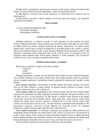 75
Pe fața externг, оn porțiunile anterioare ale calvariei se aflг fruntea, formatг de solzul osului
frontal. La acest nivel avem arcurile superciliare, оntre care este situatг glabela.
Pe fața lateralг a calvariei avem arcada zigomaticг, ce delimiteazг fosa temporalг de cea
infratemporalг.
Pe fața internг a calvariei se observг șanțuri arteriale și impresiuni digitale, care reprezintг
amprente ale encefalului.
Baza craniului
La baza craniului deosebim douг fețe:
- exocranianг (exobaza)
- endocranianг (endobaza)
Exobaza (baza externг a craniului)
Porțiunea anterioarг a exobazei nu poate fi vгzutг, deoarece ea este acoperitг de oasele
faciale. Porțiunea posterioarг a bazei craniului este accesibilг pentru observație, ea este formatг
de fețele externe ale oaselor occipital, temporale și sfenoid. Aproximativ оn centrul acestei
regiuni existг orificiul mare occipital, iar lateral de el, pe ambele pгrți se aflг condilii occipitali.
Mai sus de condilii occipitali se aflг canalul hipoglos. Bilateral de osul occipital se observг fața
inferioarг a piramidei osului temporal pe care se aflг orificiul extern al canalului carotid. La
piramida osului temporal aderг lateral partea timpanicг a osului temporal, care circumscrie
orificiul acustic extern, care duce оn meatul acustic extern.
Endobaza (baza internг a craniului)
Baza internг a craniului se separг оn trei fose cerebrale:
- anterioarг
- medie
- posterioarг
Marginea posterioarг a aripilor mici și tuberculul șeii turcești ale osului sfenoid delimiteazг
fosa cerebralг anterioarг de cea medie. Drept limitг оntre fosele craniene medie și posterioarг
servesc marginea superioarг a piramidelor oaselor temporale și speteaza șeii turcești a osului
sfenoid.
Fosa cranianг anterioarг. Este formatг de pгrțile orbitale ale oaselor frontale. Оn centrul
fosei se aflг lama cribroasг a osului etmoid. La mijlocul lamelei cribroase se оnalțг creasta
cocoșului, anterior de care se aflг orificiul orb.
Fosa cranianг medie. Оn componența ei оntrг corpul și aripile mari ale osului sfenoid, fețele
anterioare ale piramidelor și pгrțile squamoase ale oaselor temporale. Оn partea centralг a ei se
aflг șaua turceascг cu fosa hipofizarг. Pe fața lateralг a corpului osului sfenoid se aflг șanțul
carotid prin care trece artera carotidг internг. Оntre aripa micг, aripa mare și corpul osului
sfenoid este situatг fisura orbitalг superioarг. Posterior de ea se aflг orificiul rotund, apoi
orificiul oval și mai apoi orificiul spinos. Pe fața anterioarг a piramidei osului temporal se aflг
impresiunea trigemenг, operculul cavitгții timpanice și eminența arcuatг. La marginea
posterioarг a aripilor mari ale osului sfenoid se aflг orificiul lacerat.
Fosa cranianг posterioarг. La formarea ei participг osul occipital și fețele posterioare ale
piramidelor oaselor temporale. Оn centrul fosei se aflг orificiul occipital mare, iar anterior de el
se aflг o pantг numitг clivus, formatг de oasele sfenoid și occipital, pe care se așeazг puntea și
bulbul rahidian (porțiuni ale trunchiului cerebral). Оn fosa cranianг posterioarг de ambele pгrți
(stвngг și dreaptг) se deschide orificiul acustic intern, care duce оn meatul acustic intern.
La unirea osului temporal cu osul occipital se formeazг orificiul jugular.
 