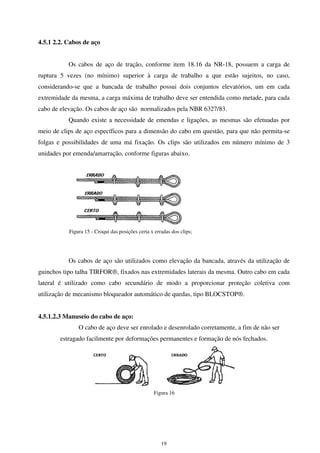 19
4.5.1 2.2. Cabos de aço
Os cabos de aço de tração, conforme item 18.16 da NR-18, possuem a carga de
ruptura 5 vezes (no mínimo) superior à carga de trabalho a que estão sujeitos, no caso,
considerando-se que a bancada de trabalho possui dois conjuntos elevatórios, um em cada
extremidade da mesma, a carga máxima de trabalho deve ser entendida como metade, para cada
cabo de elevação. Os cabos de aço são normalizados pela NBR 6327/83.
Quando existe a necessidade de emendas e ligações, as mesmas são efetuadas por
meio de clips de aço específicos para a dimensão do cabo em questão, para que não permita-se
folgas e possibilidades de uma má fixação. Os clips são utilizados em número mínimo de 3
unidades por emenda/amarração, conforme figuras abaixo.
Figura 15 - Croqui das posições certa x erradas dos clips;
Os cabos de aço são utilizados como elevação da bancada, através da utilização de
guinchos tipo talha TIRFOR®, fixados nas extremidades laterais da mesma. Outro cabo em cada
lateral é utilizado como cabo secundário de modo a proporcionar proteção coletiva com
utilização de mecanismo bloqueador automático de quedas, tipo BLOCSTOP®.
4.5.1.2.3 Manuseio do cabo de aço:
O cabo de aço deve ser enrolado e desenrolado corretamente, a fim de não ser
estragado facilmente por deformações permanentes e formação de nós fechados.
Figura 16
 