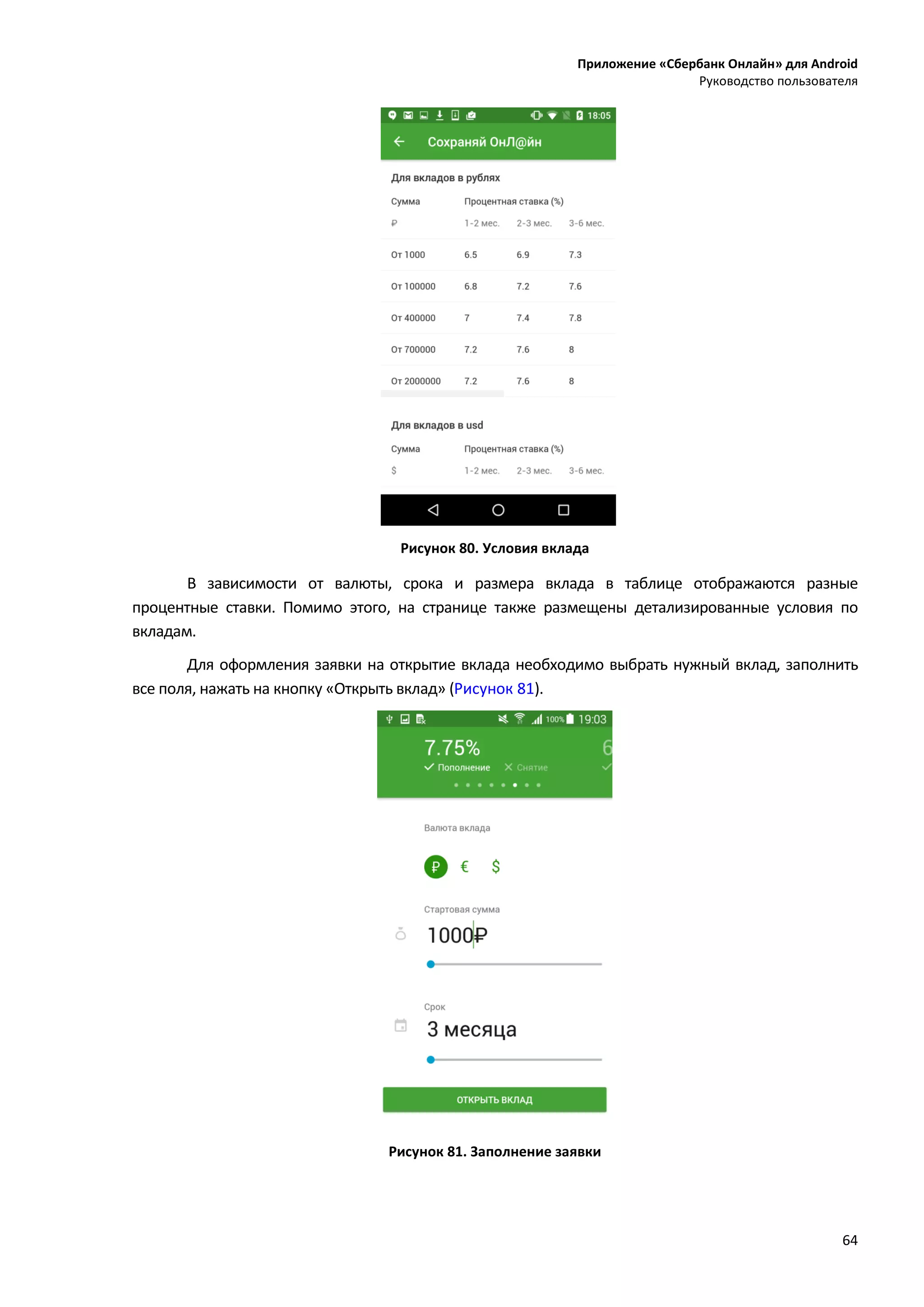 Приложение «Сбербанк Онлайн» для Android
Руководство пользователя
64
Рисунок 80. Условия вклада
В зависимости от валюты, срока и размера вклада в таблице отображаются разные
процентные ставки. Помимо этого, на странице также размещены детализированные условия по
вкладам.
Для оформления заявки на открытие вклада необходимо выбрать нужный вклад, заполнить
все поля, нажать на кнопку «Открыть вклад» (Рисунок 81).
Рисунок 81. Заполнение заявки
 