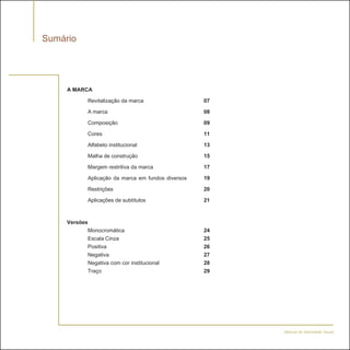 Sumário


     A MARCA
           Revitalização da marca                  07
           A marca                                 08
           Composição                              09
           Cores                                   11
           Alfabeto institucional                  13
           Malha de construção                     15
           Margem restritiva da marca              17
           Aplicação da marca em fundos diversos   19
           Restrições                              20
           Aplicações de subtítulos                21

     Versões
            Monocromática                          24
            Escala Cinza                           25
            Positiva                               26
            Negativa                               27
            Negativa com cor institucional         28
            Traço                                  29




                                                        Manual de Identidade Visual
 