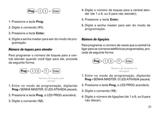 Prog + 1       1 + Enter               4. Digite o número de toques para a central aten-
                                                        der (de 1 a 9, ou 0 para não atender);
                                                     5. Pressione a tecla Enter;
1. Pressione a tecla Prog;
                                                     6. Digite a senha master para sair do modo de
2. Digite o comando (11);                               programação.
3. Pressione a tecla Enter;
4. Digite a senha master para sair do modo de pro-   Número de ligações
   gramação.
                                                     Para programar o número de vezes que a central irá
Número de toques para atender                        ligar para os números telefônicos programados, pro-
                                                     ceda da seguinte forma:
Para programar o número de toques para a cen-
tral atender quando você ligar para ela, proceda
                                                             Prog + 1     3 + ? + Enter
da seguinte forma:
                                                                          Número de tentativas de
         Prog + 1    2 + ? + Enter                                              discagem

                                                     1. Entre no modo de programação, digitando
                      Número de toques para
                            atender
                                                        Prog+SENHA MASTER. O LED ATIVADA piscará;

1. Entre no modo de programação, digitando           2. Pressione a tecla Prog, o LED PROG acenderá;
   Prog+SENHA MASTER. O LED ATIVADA piscará;         3. Digite o comando (13);
2. Pressione a tecla Prog, o LED PROG acenderá;      4. Digite o número de ligações (de 1 a 9, ou 0 para
3. Digite o comando (12);                               não discar);

                                                                                                      21
 