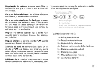 Desativação do sistema: aciona a saída PGM no        pre que o controle remoto for acionado, a saída
momento em que a central de alarme for               PGM será ligada ou desligada.
desativada.
                                                         Evento que aciona o PGM
                                                          com um dígito de 1 a 8
Corte da linha telefônica: se a linha telefônica
for cortada, a saída PGM é acionada.                    Prog + 5    0 + ? + ? + Enter
Corte ou curto-circuito do fio da sirene: em caso             Modo de operação
de problemas com a sirene, a saída PGM é aciona-              0= Liga/Desliga
da. Ex.: Pode ser usado para ligar uma sirene al-             1 - 8= Pulso com tempo de 1 a 8 segundos ou 9
ternativa, caso a sirene principal seja cortada ou            para tempo de sirene quando ativada.
colocada em curto-circuito.
Disparo ou pânico audível: liga a saída PGM
                                                       Evento que aciona o PGM:
quando ocorrer qualquer disparo. Ex.: acender
um holofote.                                                1 = Ativação do sistema
Disparo silencioso: aciona a saída PGM quando               2 = Desativação do sistema
ocorrer um disparo silencioso.                              3 = Corte da linha telefônica
Abertura de zona 01: sempre que a zona 01 for               4 = Corte ou curto-circuito do fio da sirene
aberta o PGM será ligado. Ex.: programe como                5 = Disparo ou pânico audível
pulso e ligue um buzzer ou uma campainha, para              6 = Disparo silencioso
fazer um anunciador de presença sem a necessi-
dade de estar perto do teclado.                             7 = PGM pelo controle remoto
                                                            8 = Abertura da zona 01
PGM sem fio: é possível programar um controle
remoto para acionar a saída PGM, neste caso, sem-

                                                                                                              37
 